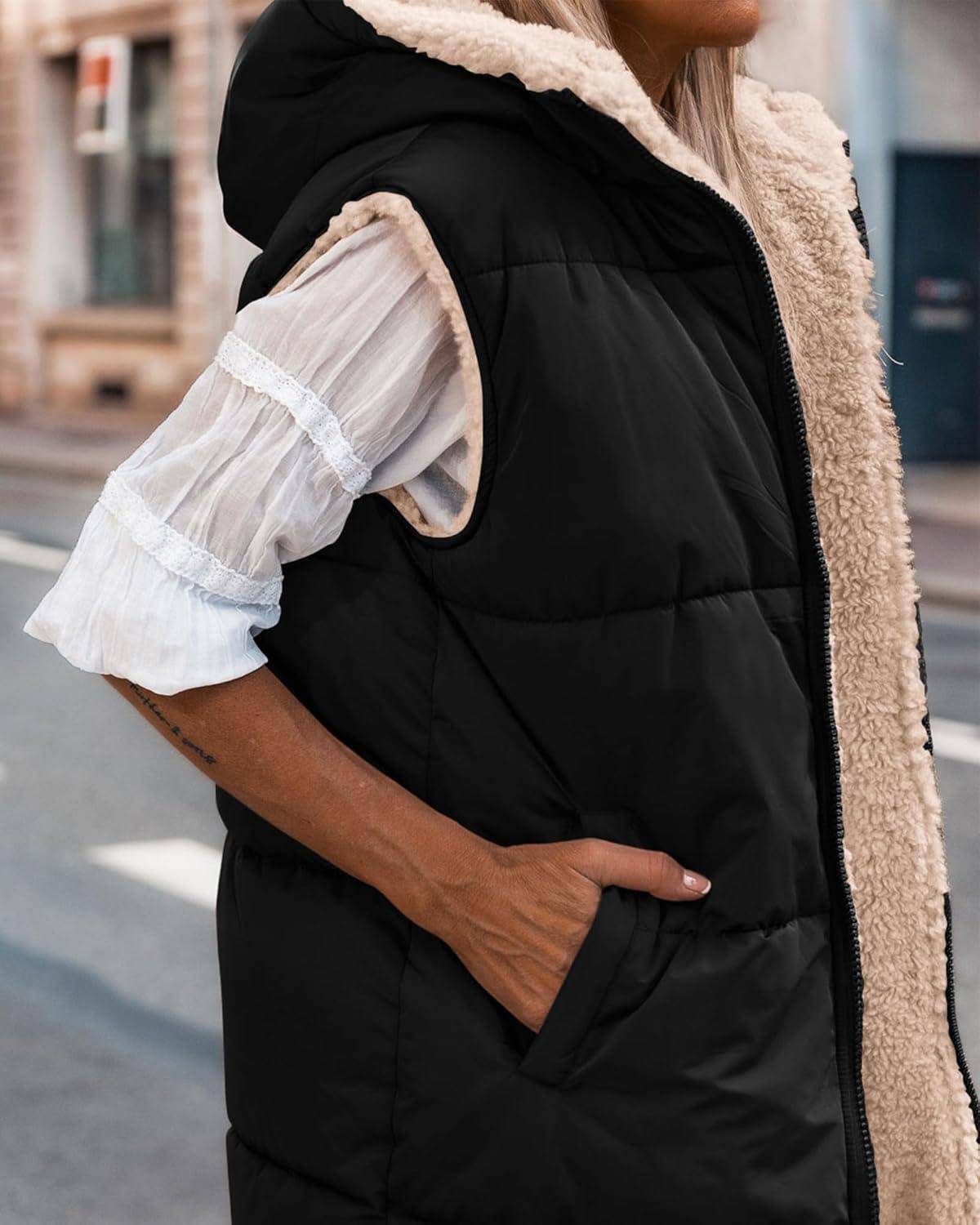 imageBTFBM Long Puffer Vest Women Fleece Sherpa Jacket Sleeveless Hooded Reversible Zip Up Winter Coat Fall Vests OuterwearBlack