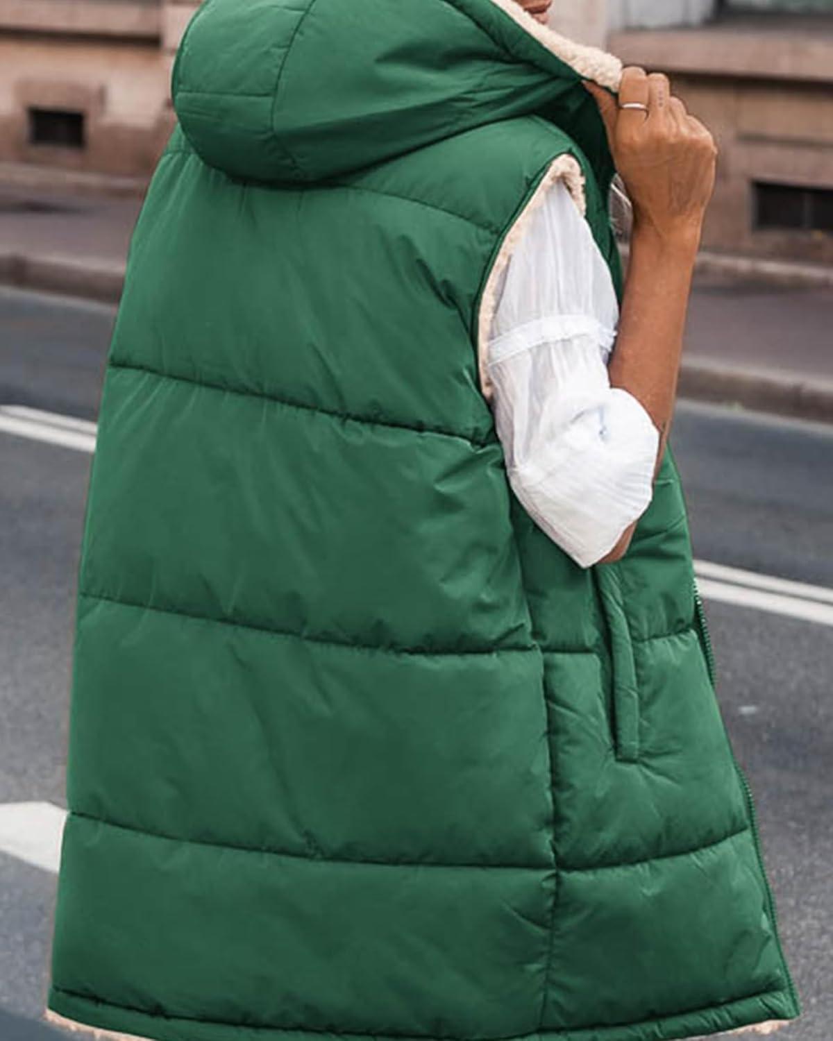 imageBTFBM Long Puffer Vest Women Fleece Sherpa Jacket Sleeveless Hooded Reversible Zip Up Winter Coat Fall Vests OuterwearDark Green