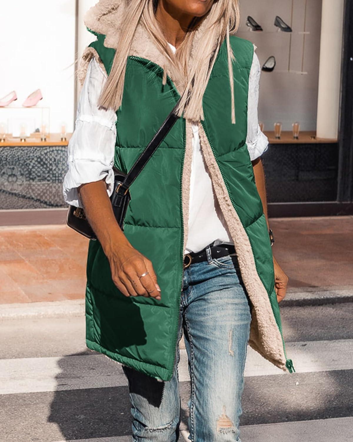 imageBTFBM Long Puffer Vest Women Fleece Sherpa Jacket Sleeveless Hooded Reversible Zip Up Winter Coat Fall Vests OuterwearDark Green