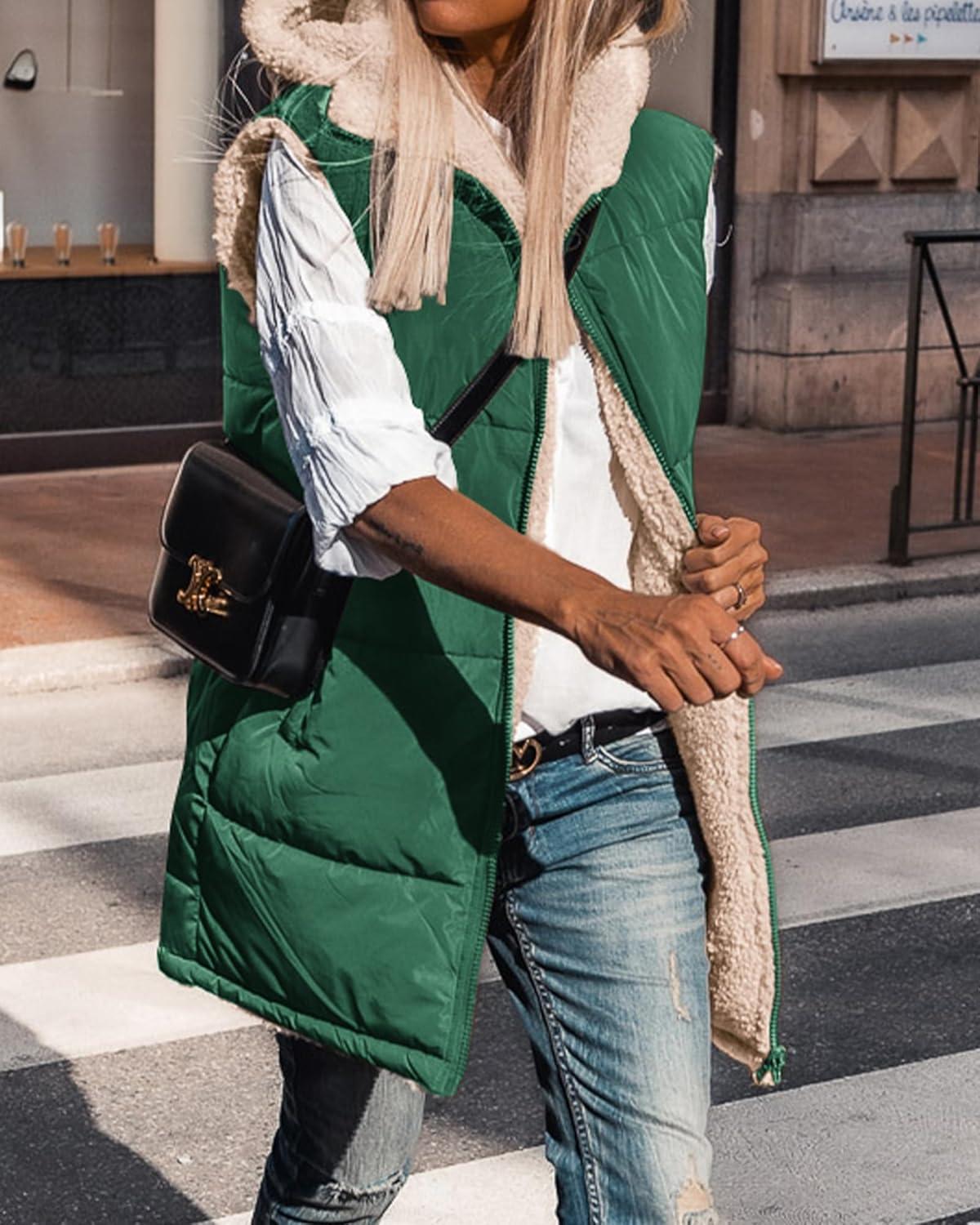 imageBTFBM Long Puffer Vest Women Fleece Sherpa Jacket Sleeveless Hooded Reversible Zip Up Winter Coat Fall Vests OuterwearDark Green