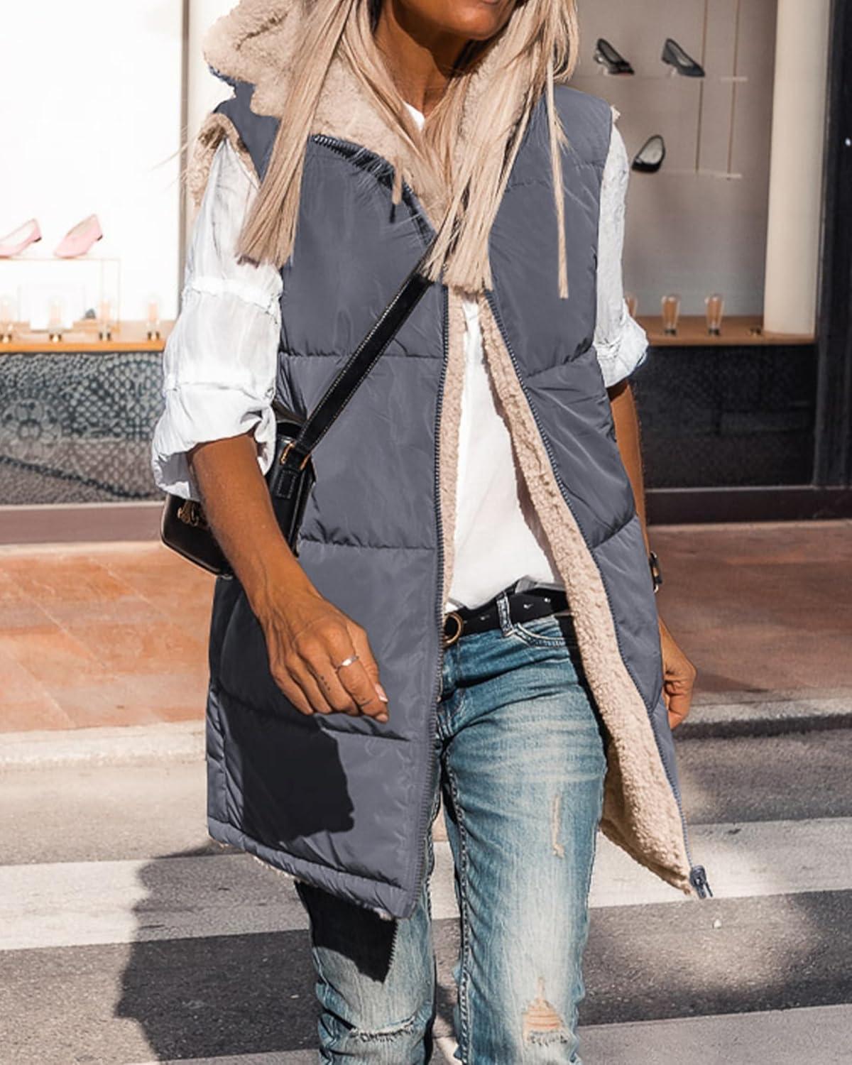 imageBTFBM Long Puffer Vest Women Fleece Sherpa Jacket Sleeveless Hooded Reversible Zip Up Winter Coat Fall Vests OuterwearGrey Blue