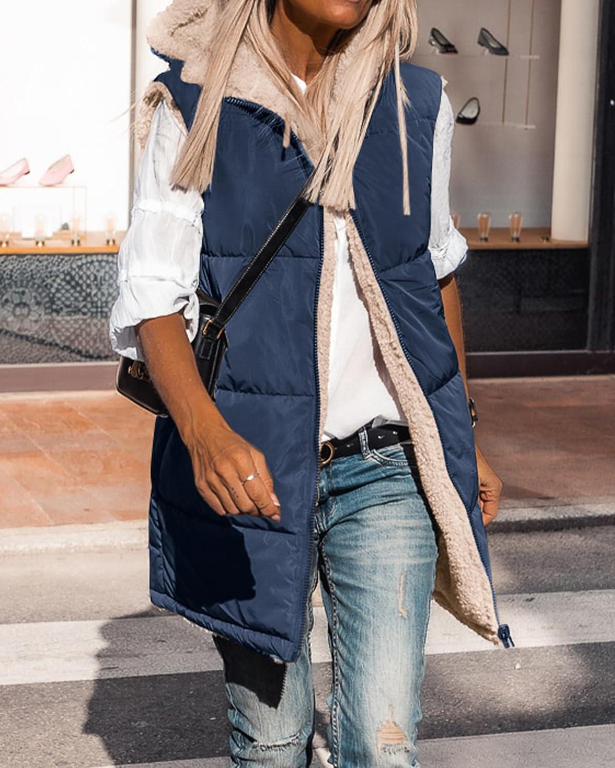 imageBTFBM Long Puffer Vest Women Fleece Sherpa Jacket Sleeveless Hooded Reversible Zip Up Winter Coat Fall Vests OuterwearNavy