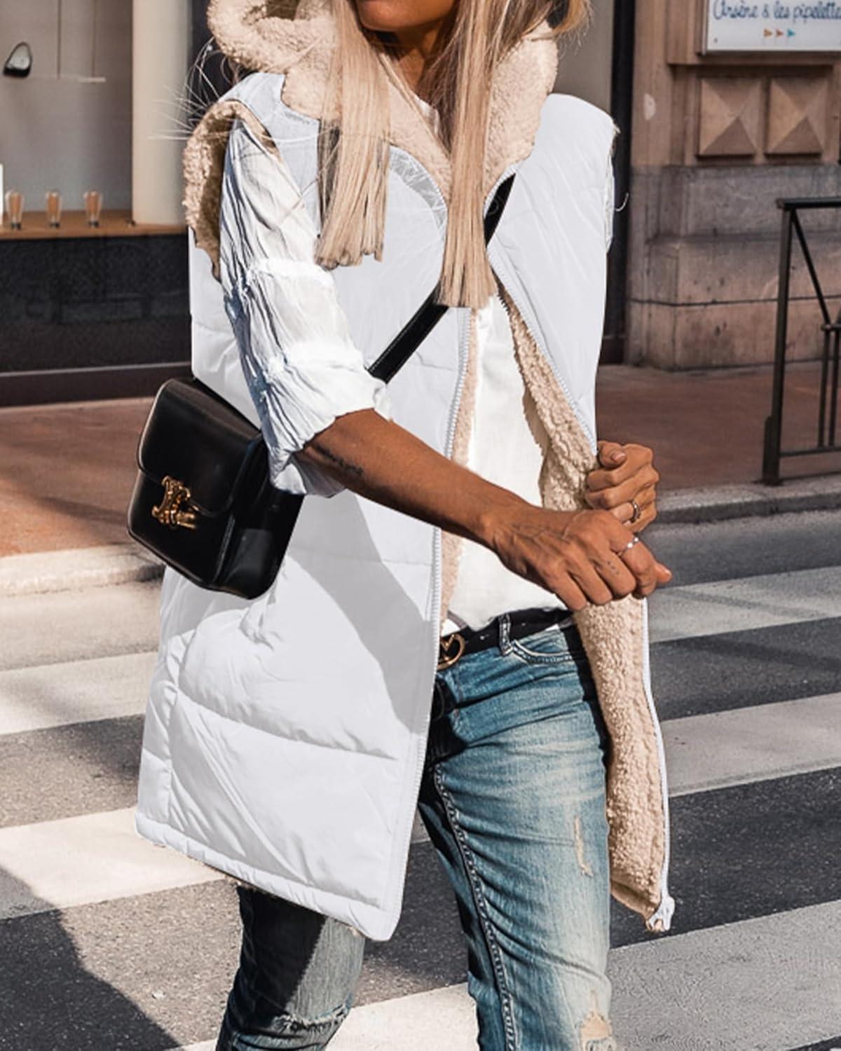 imageBTFBM Long Puffer Vest Women Fleece Sherpa Jacket Sleeveless Hooded Reversible Zip Up Winter Coat Fall Vests OuterwearWhite