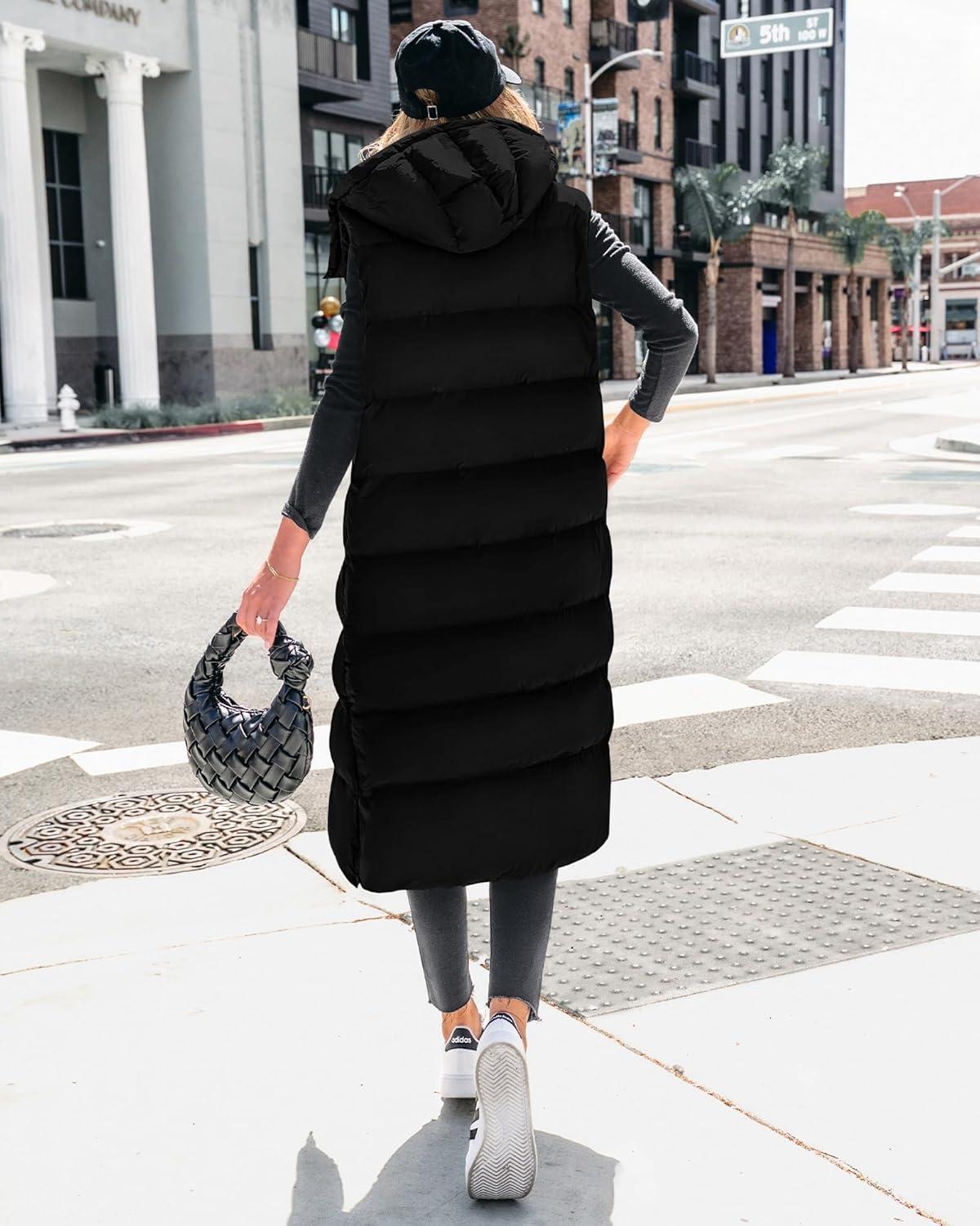 imageBTFBM Long Puffer Vest Women Quilted Hooded Button Down Zip Up Sleeveless Vests Outerwear Padded Jacket Fall Winter CoatBlack