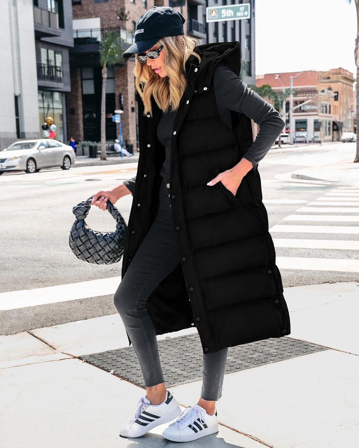 imageBTFBM Long Puffer Vest Women Quilted Hooded Button Down Zip Up Sleeveless Vests Outerwear Padded Jacket Fall Winter CoatBlack