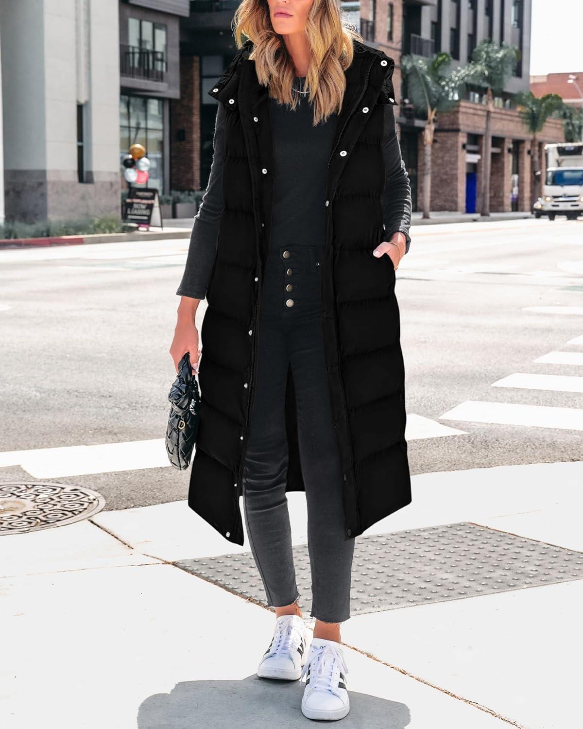 imageBTFBM Long Puffer Vest Women Quilted Hooded Button Down Zip Up Sleeveless Vests Outerwear Padded Jacket Fall Winter CoatBlack