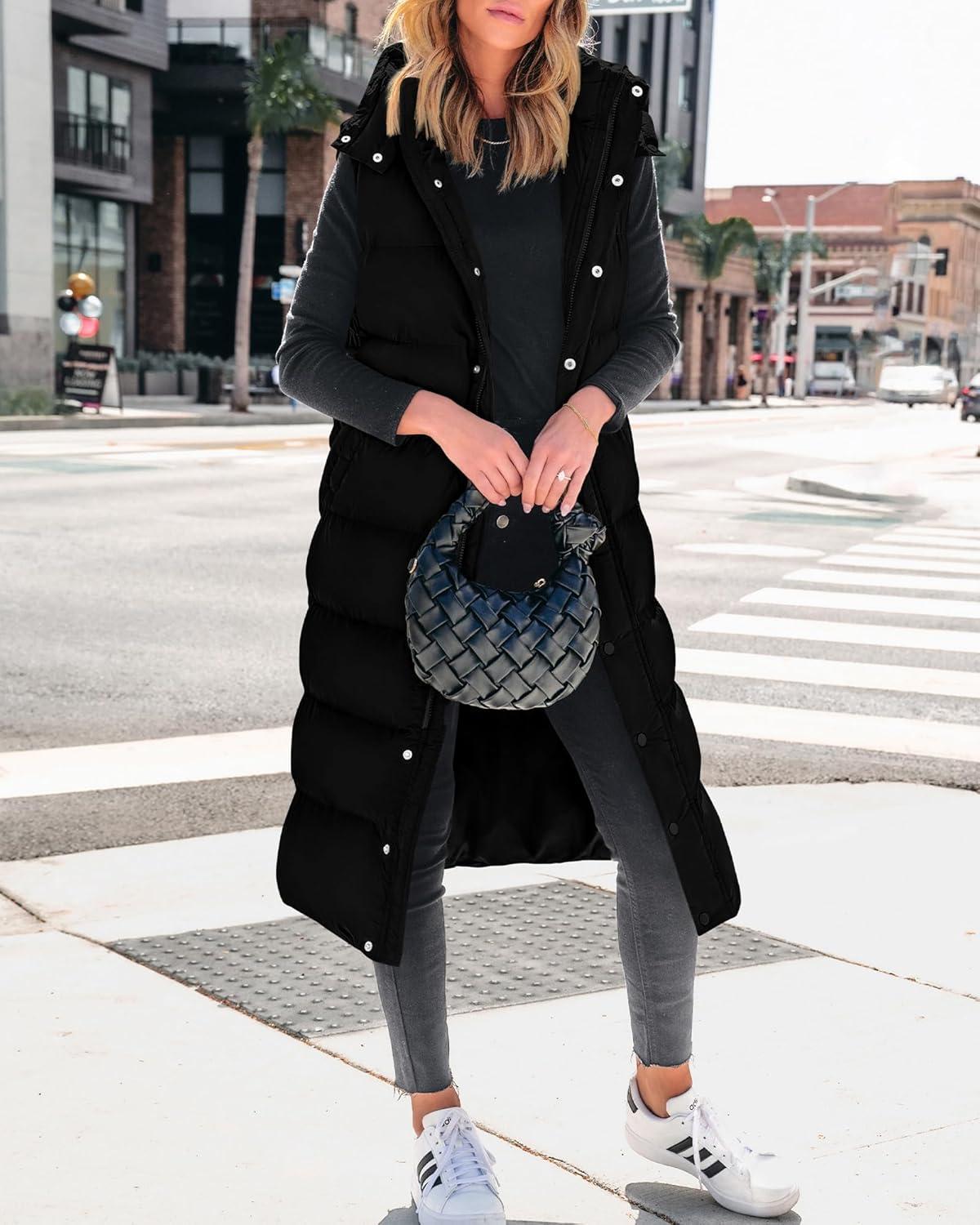 imageBTFBM Long Puffer Vest Women Quilted Hooded Button Down Zip Up Sleeveless Vests Outerwear Padded Jacket Fall Winter CoatBlack