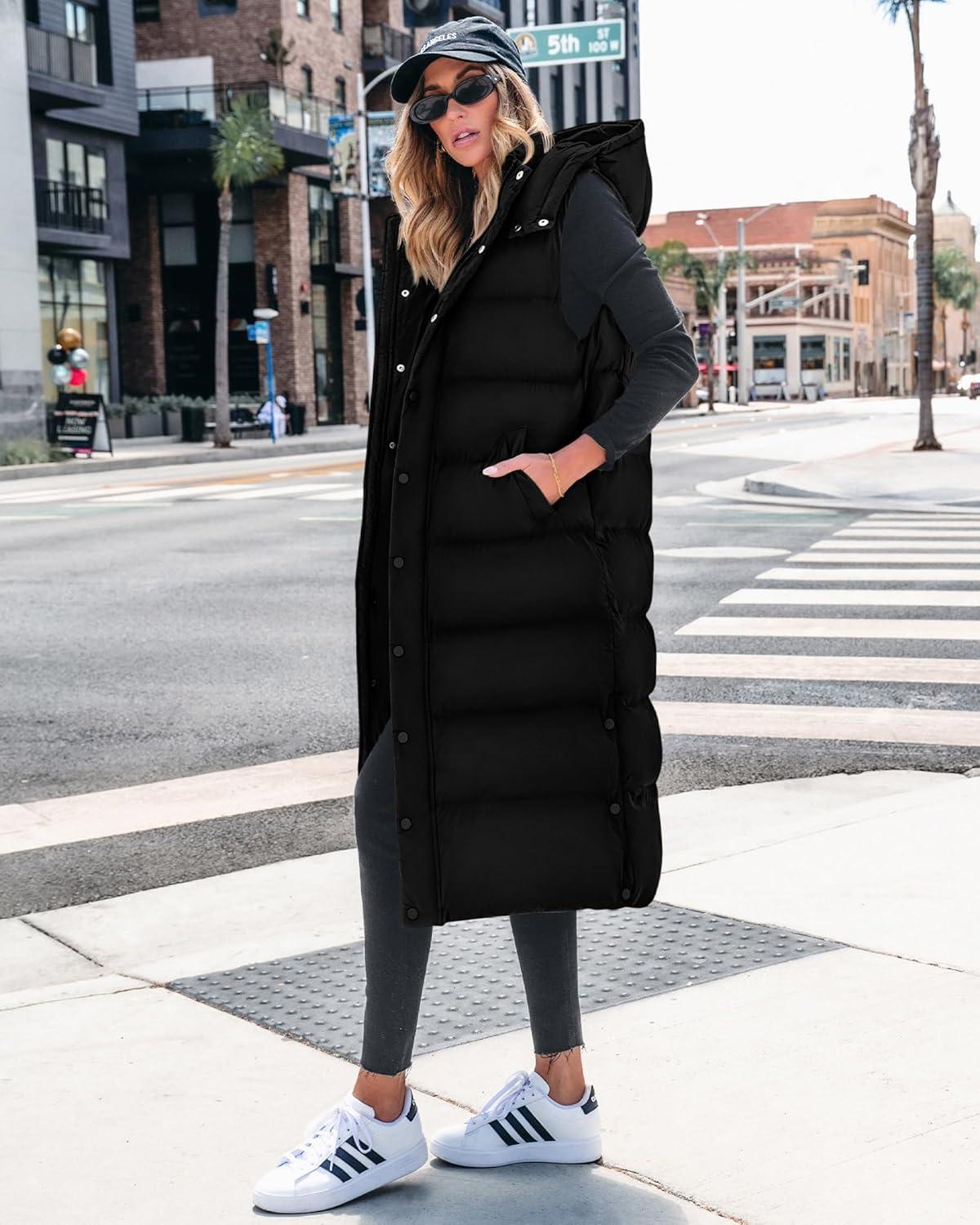 imageBTFBM Long Puffer Vest Women Quilted Hooded Button Down Zip Up Sleeveless Vests Outerwear Padded Jacket Fall Winter CoatBlack