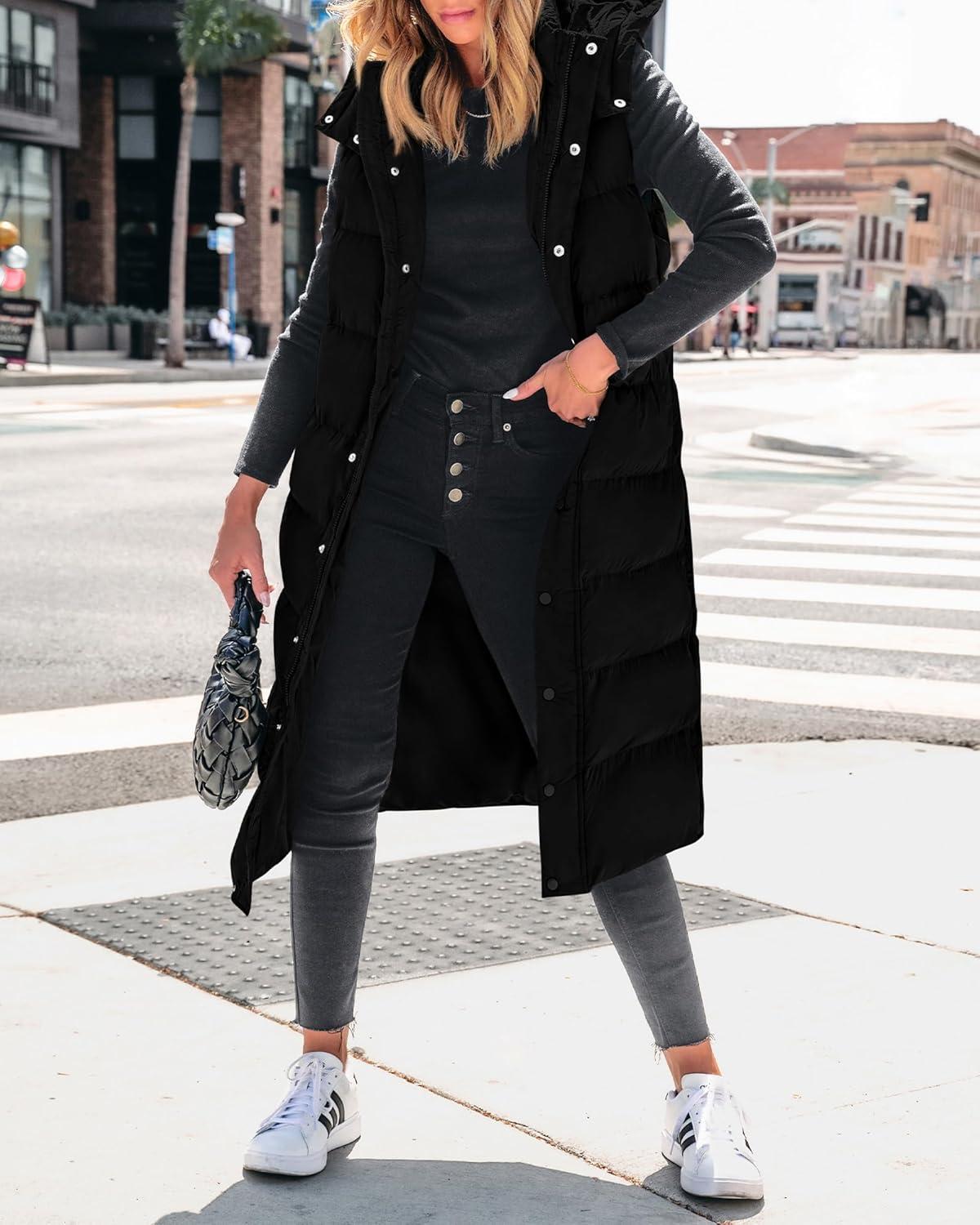 imageBTFBM Long Puffer Vest Women Quilted Hooded Button Down Zip Up Sleeveless Vests Outerwear Padded Jacket Fall Winter CoatBlack