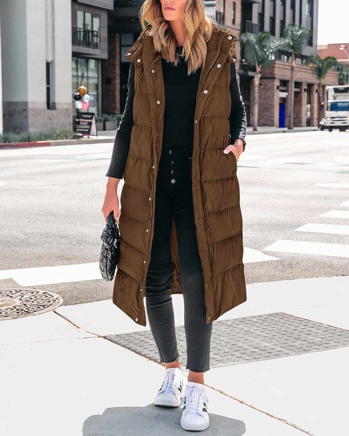 imageBTFBM Long Puffer Vest Women Quilted Hooded Button Down Zip Up Sleeveless Vests Outerwear Padded Jacket Fall Winter CoatBrown
