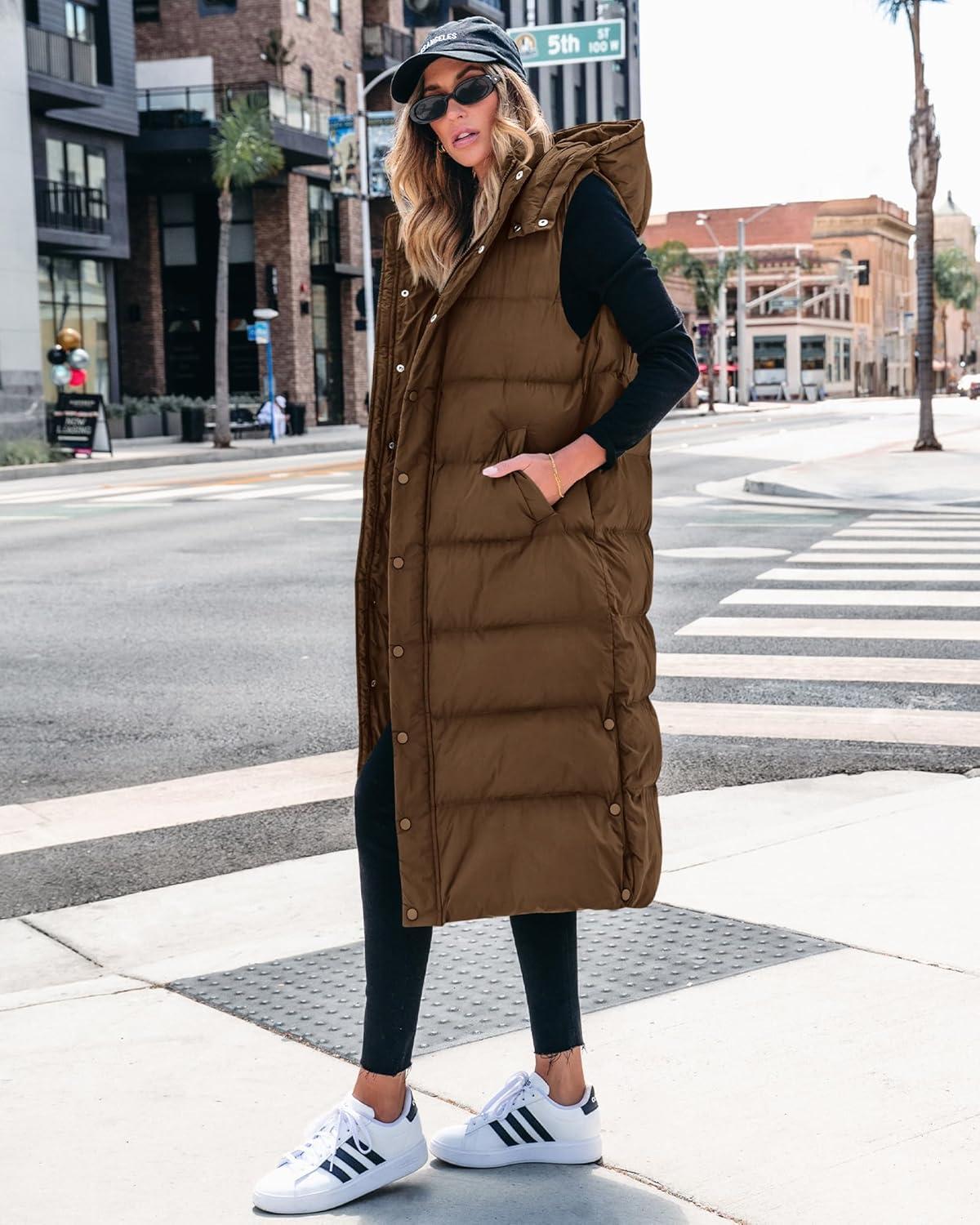 imageBTFBM Long Puffer Vest Women Quilted Hooded Button Down Zip Up Sleeveless Vests Outerwear Padded Jacket Fall Winter CoatBrown