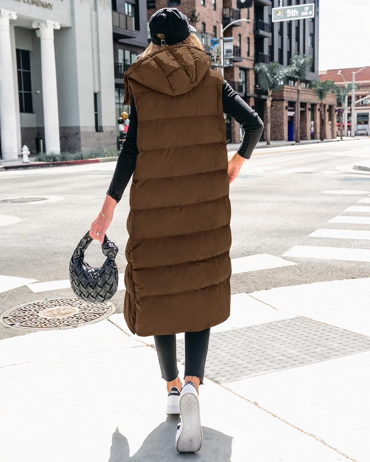 imageBTFBM Long Puffer Vest Women Quilted Hooded Button Down Zip Up Sleeveless Vests Outerwear Padded Jacket Fall Winter CoatBrown
