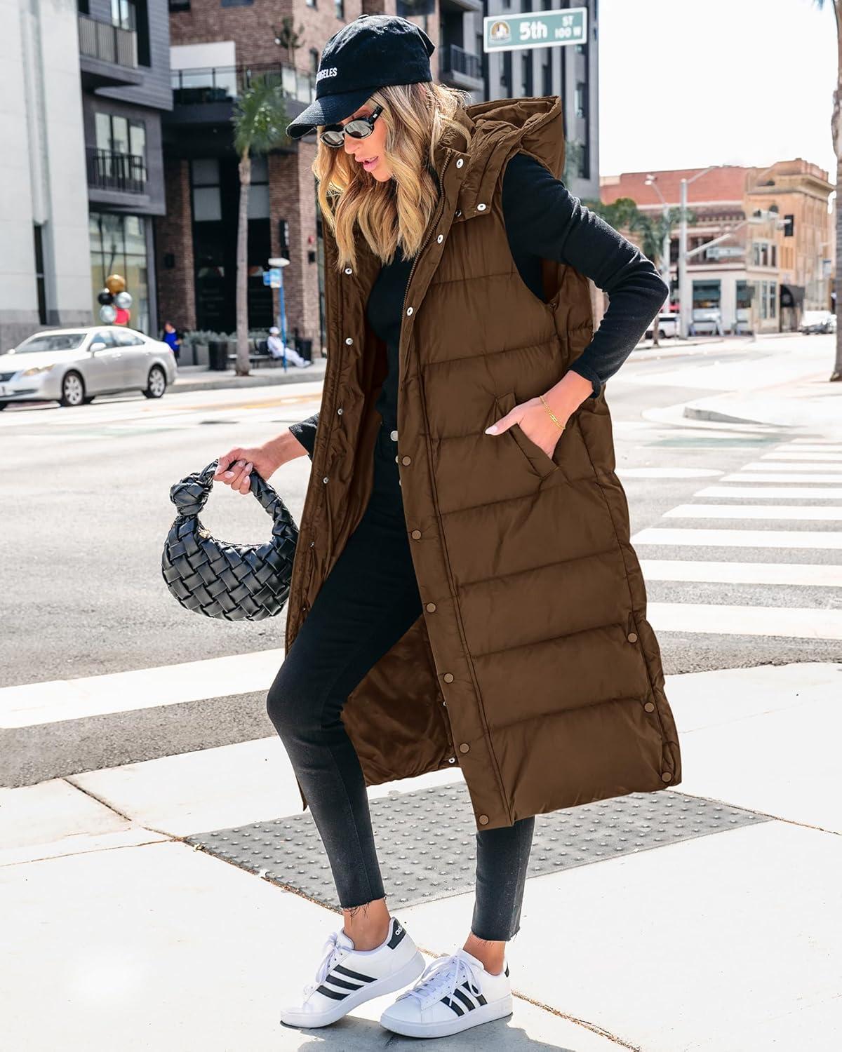 imageBTFBM Long Puffer Vest Women Quilted Hooded Button Down Zip Up Sleeveless Vests Outerwear Padded Jacket Fall Winter CoatBrown