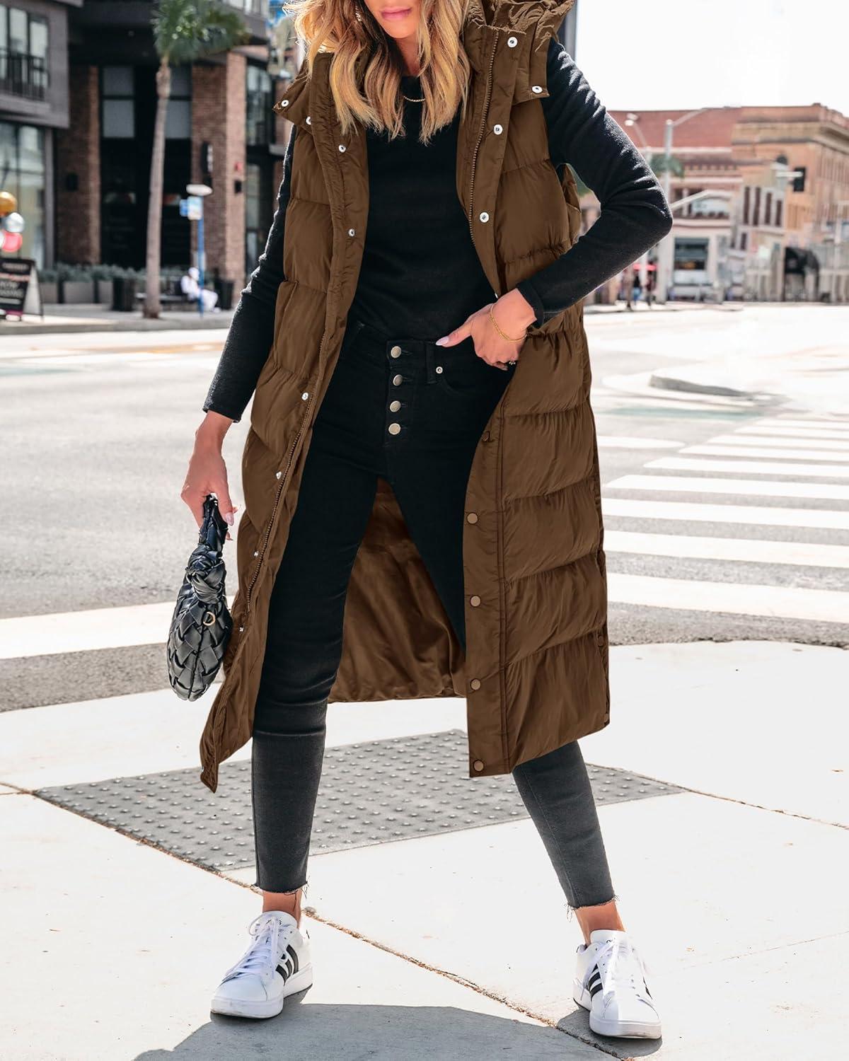 imageBTFBM Long Puffer Vest Women Quilted Hooded Button Down Zip Up Sleeveless Vests Outerwear Padded Jacket Fall Winter CoatBrown