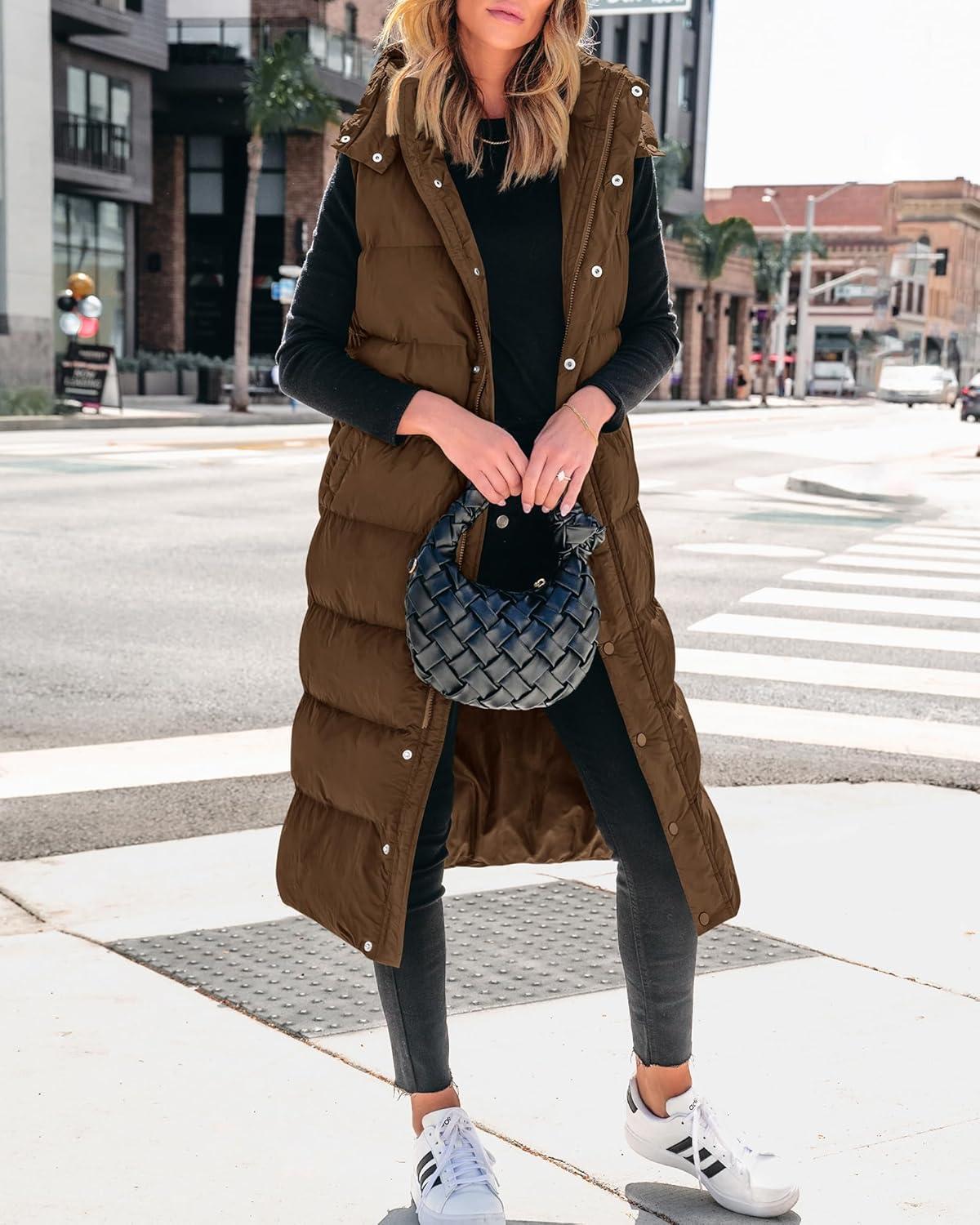 imageBTFBM Long Puffer Vest Women Quilted Hooded Button Down Zip Up Sleeveless Vests Outerwear Padded Jacket Fall Winter CoatBrown