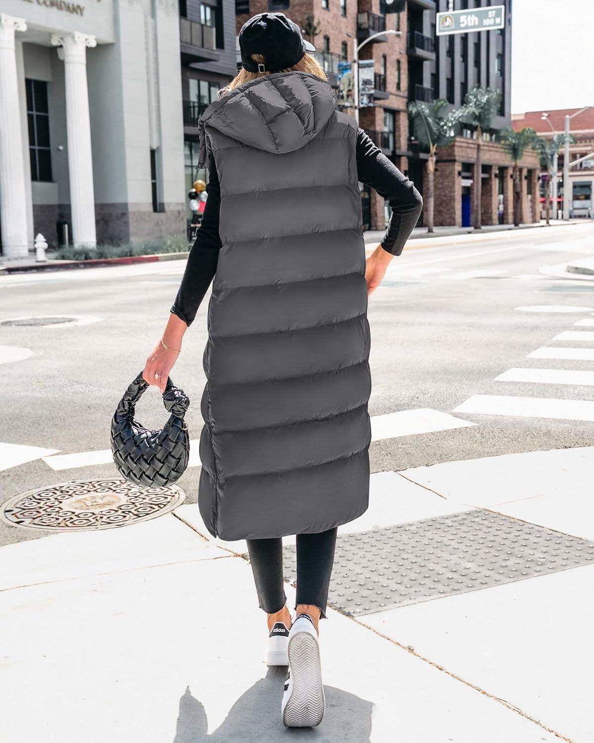 imageBTFBM Long Puffer Vest Women Quilted Hooded Button Down Zip Up Sleeveless Vests Outerwear Padded Jacket Fall Winter CoatDark Grey