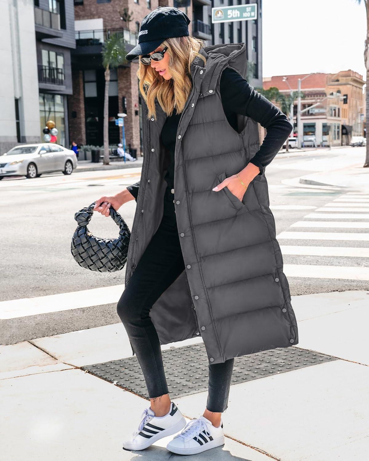 imageBTFBM Long Puffer Vest Women Quilted Hooded Button Down Zip Up Sleeveless Vests Outerwear Padded Jacket Fall Winter CoatDark Grey