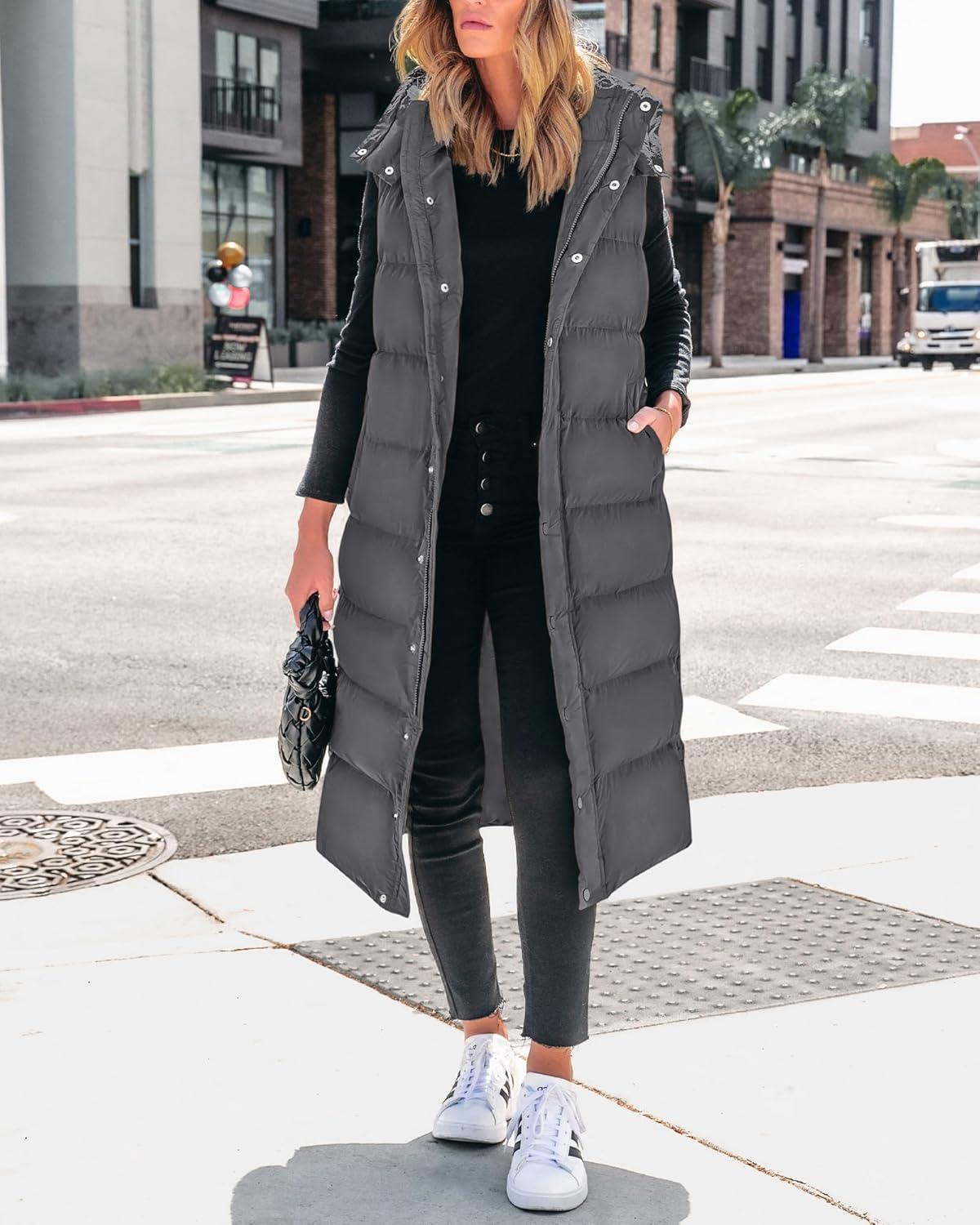 imageBTFBM Long Puffer Vest Women Quilted Hooded Button Down Zip Up Sleeveless Vests Outerwear Padded Jacket Fall Winter CoatDark Grey