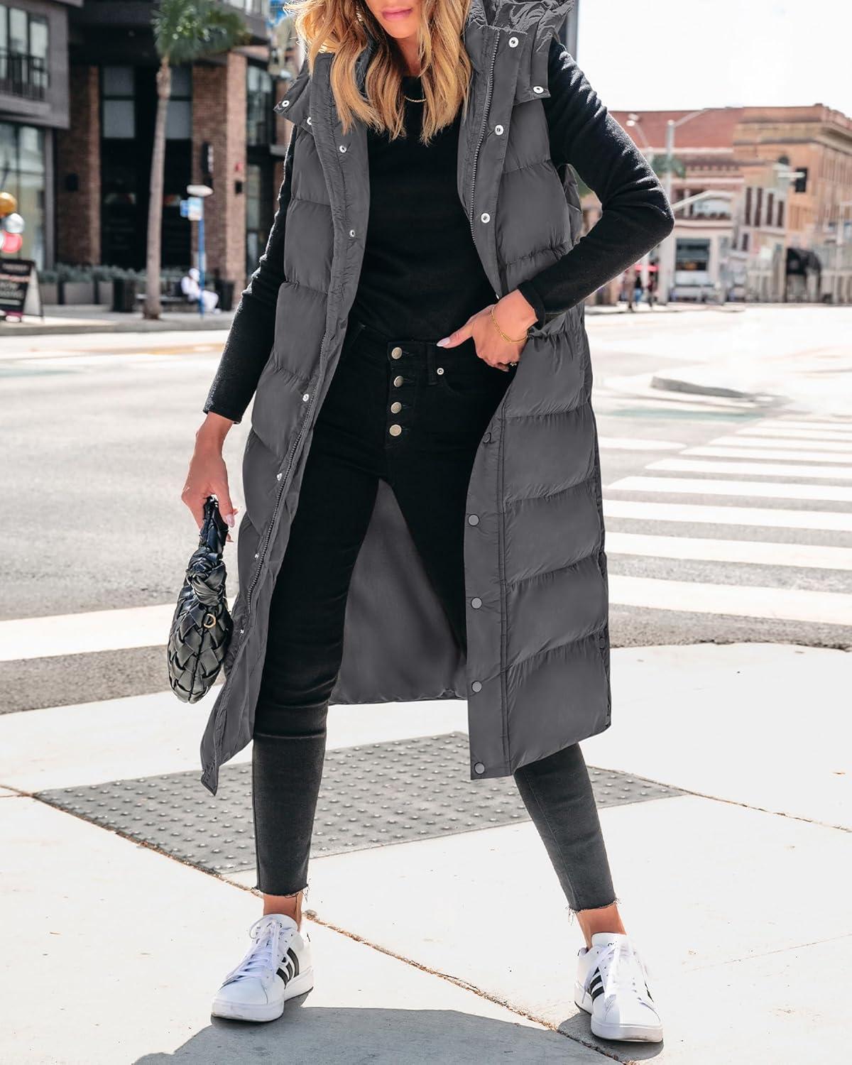 imageBTFBM Long Puffer Vest Women Quilted Hooded Button Down Zip Up Sleeveless Vests Outerwear Padded Jacket Fall Winter CoatDark Grey