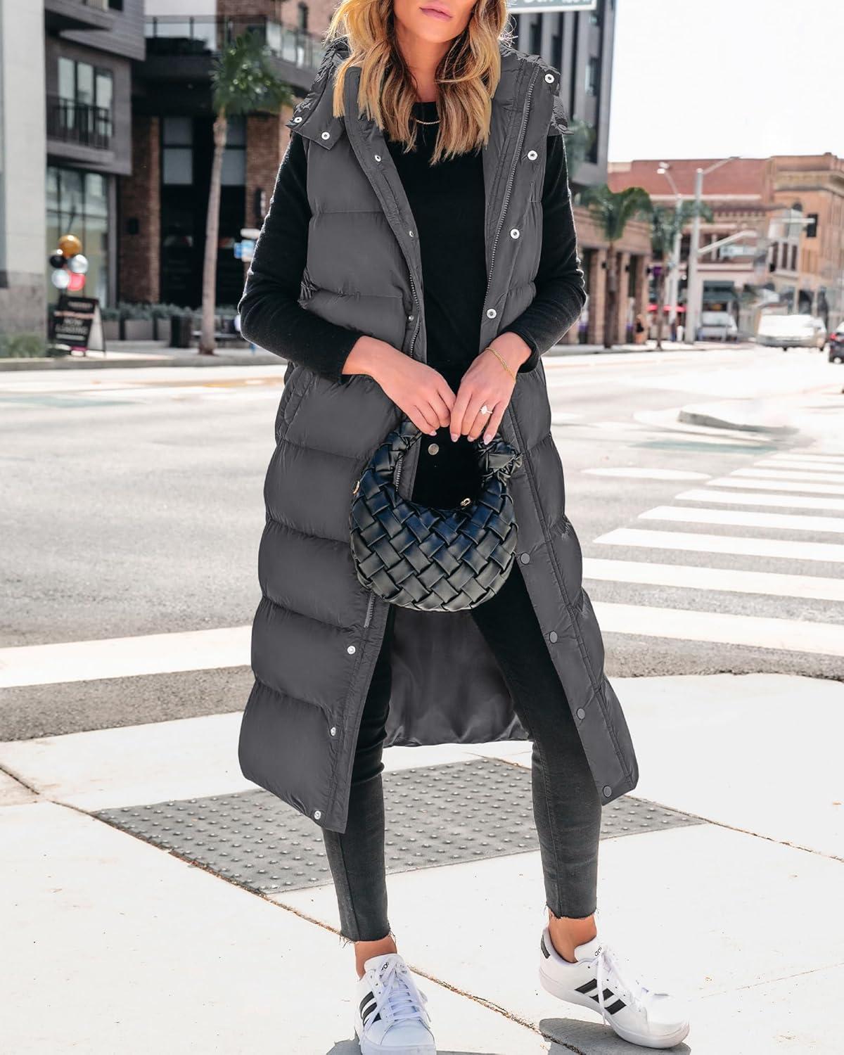 imageBTFBM Long Puffer Vest Women Quilted Hooded Button Down Zip Up Sleeveless Vests Outerwear Padded Jacket Fall Winter CoatDark Grey