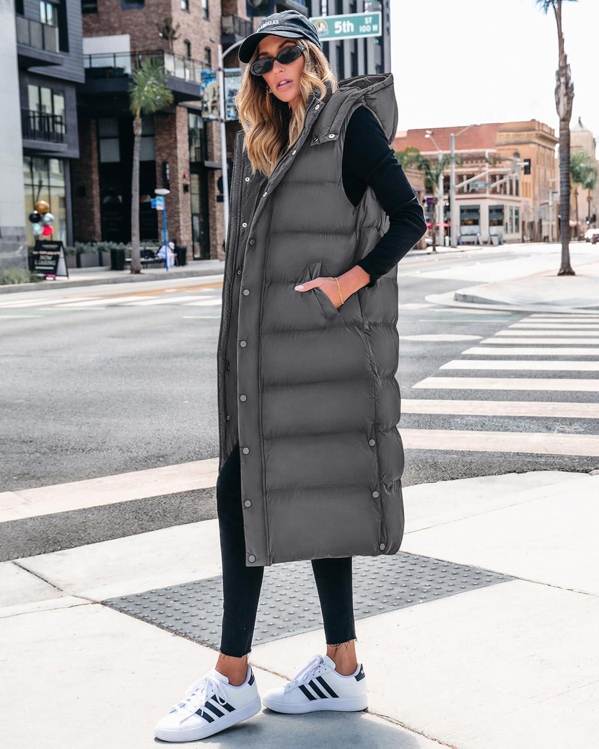 imageBTFBM Long Puffer Vest Women Quilted Hooded Button Down Zip Up Sleeveless Vests Outerwear Padded Jacket Fall Winter CoatDark Grey