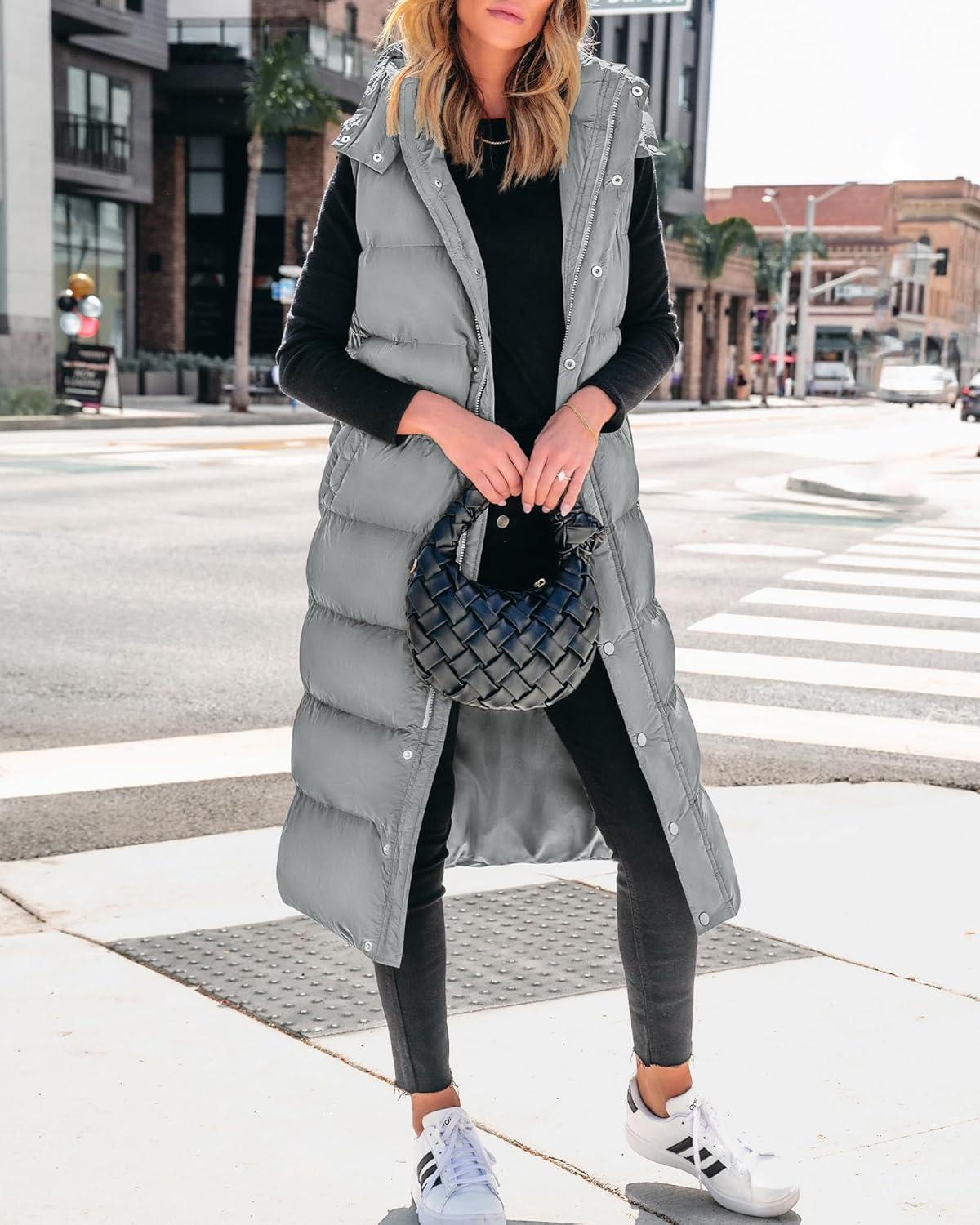imageBTFBM Long Puffer Vest Women Quilted Hooded Button Down Zip Up Sleeveless Vests Outerwear Padded Jacket Fall Winter CoatGrey