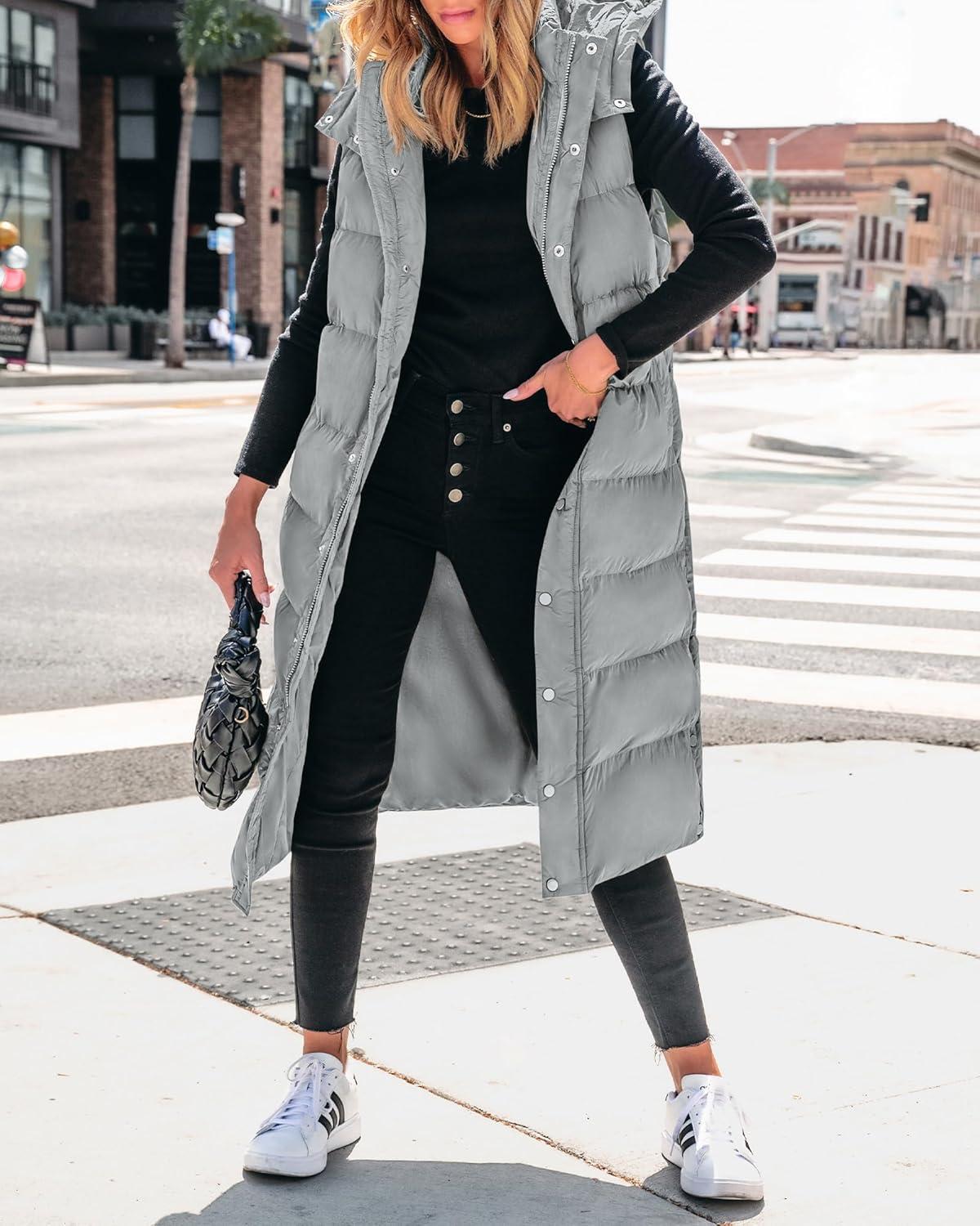 imageBTFBM Long Puffer Vest Women Quilted Hooded Button Down Zip Up Sleeveless Vests Outerwear Padded Jacket Fall Winter CoatGrey