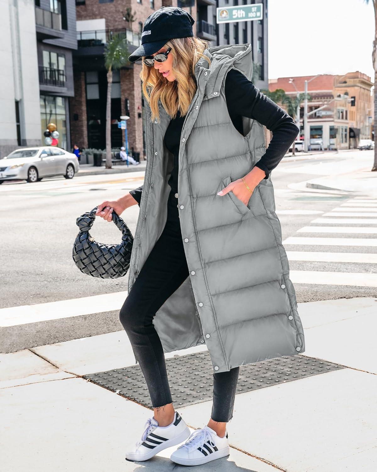 imageBTFBM Long Puffer Vest Women Quilted Hooded Button Down Zip Up Sleeveless Vests Outerwear Padded Jacket Fall Winter CoatGrey