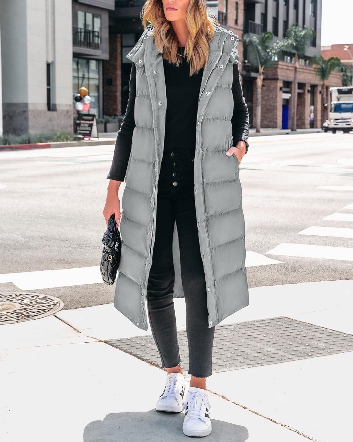 imageBTFBM Long Puffer Vest Women Quilted Hooded Button Down Zip Up Sleeveless Vests Outerwear Padded Jacket Fall Winter CoatGrey