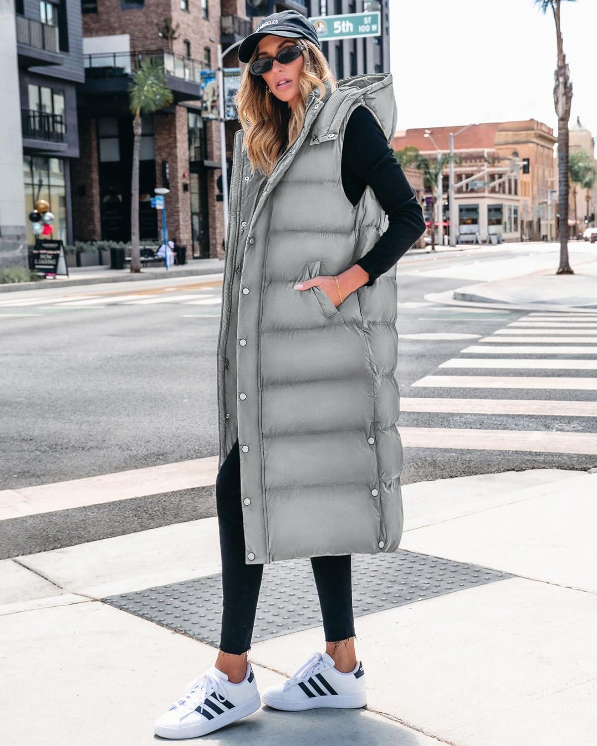 imageBTFBM Long Puffer Vest Women Quilted Hooded Button Down Zip Up Sleeveless Vests Outerwear Padded Jacket Fall Winter CoatGrey
