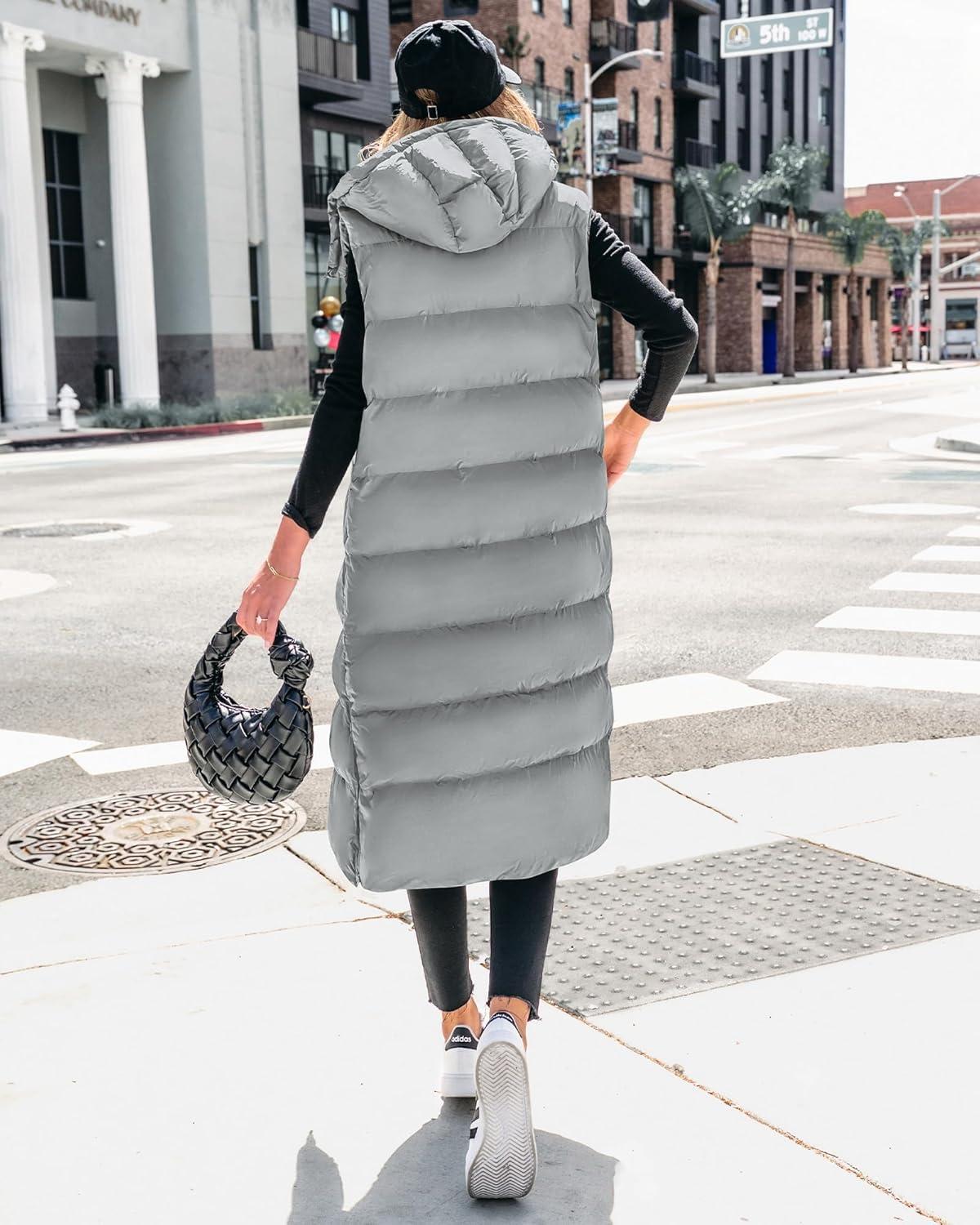 imageBTFBM Long Puffer Vest Women Quilted Hooded Button Down Zip Up Sleeveless Vests Outerwear Padded Jacket Fall Winter CoatGrey