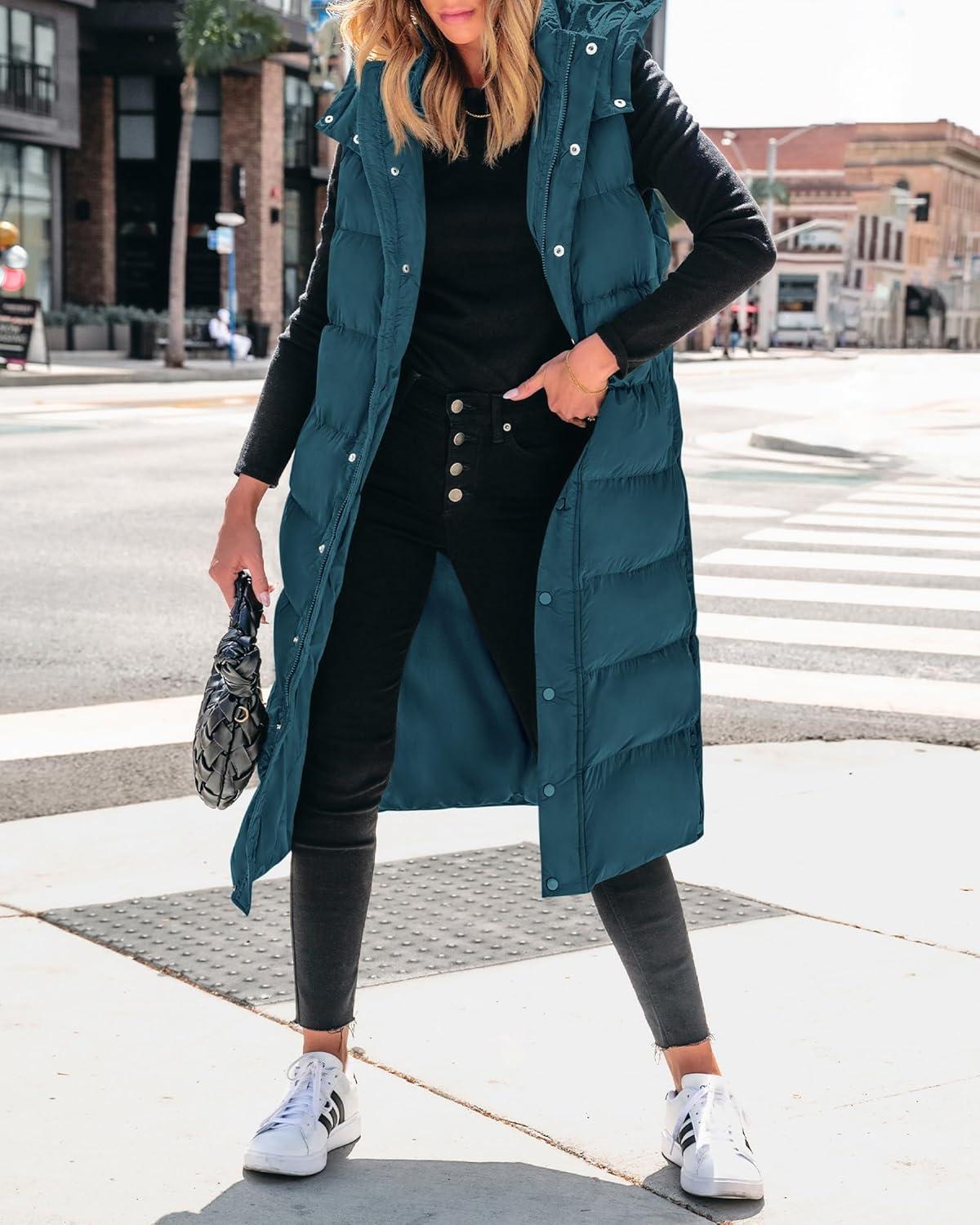 imageBTFBM Long Puffer Vest Women Quilted Hooded Button Down Zip Up Sleeveless Vests Outerwear Padded Jacket Fall Winter CoatGrey Blue