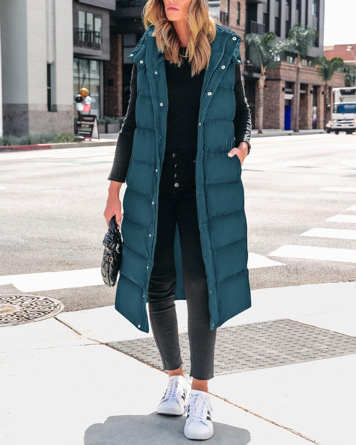 imageBTFBM Long Puffer Vest Women Quilted Hooded Button Down Zip Up Sleeveless Vests Outerwear Padded Jacket Fall Winter CoatGrey Blue