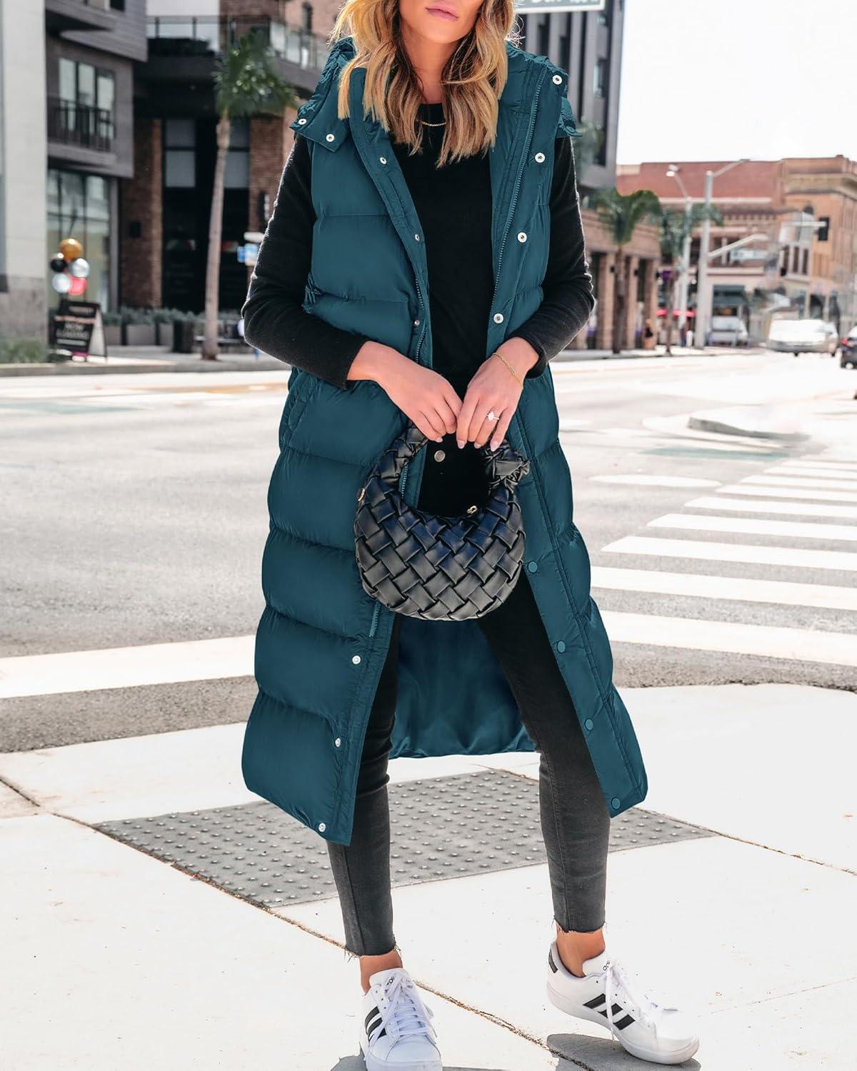 imageBTFBM Long Puffer Vest Women Quilted Hooded Button Down Zip Up Sleeveless Vests Outerwear Padded Jacket Fall Winter CoatGrey Blue