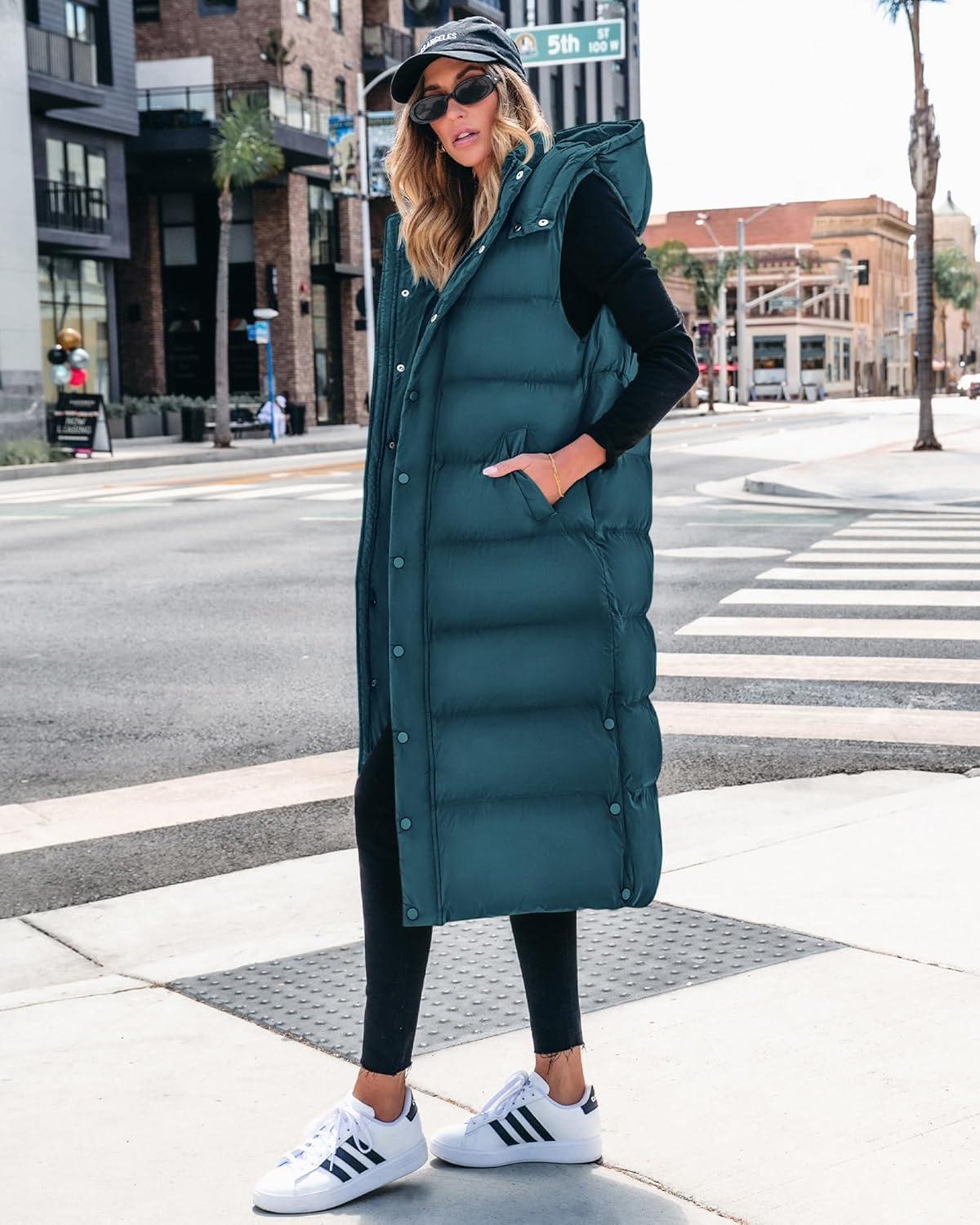 imageBTFBM Long Puffer Vest Women Quilted Hooded Button Down Zip Up Sleeveless Vests Outerwear Padded Jacket Fall Winter CoatGrey Blue