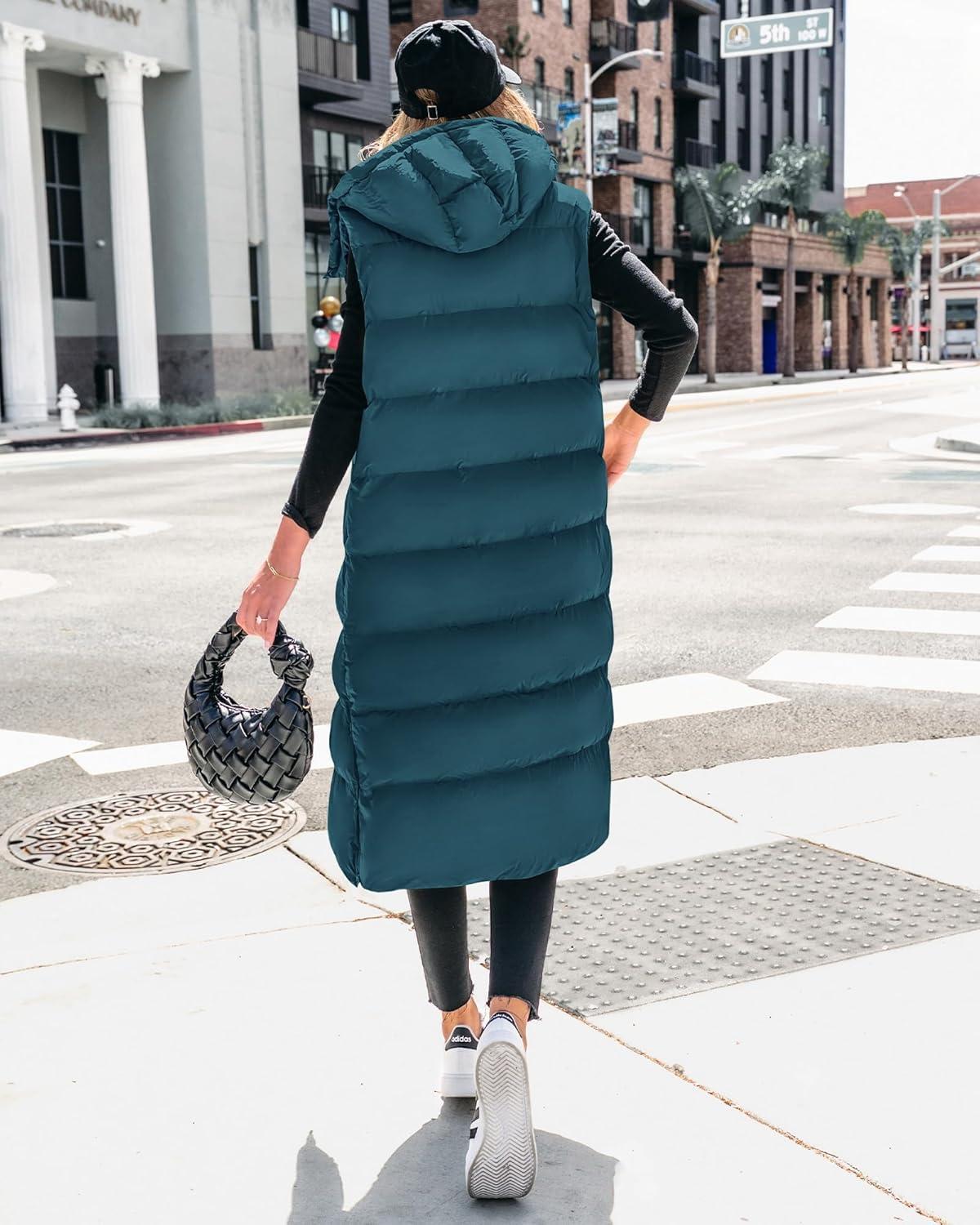 imageBTFBM Long Puffer Vest Women Quilted Hooded Button Down Zip Up Sleeveless Vests Outerwear Padded Jacket Fall Winter CoatGrey Blue