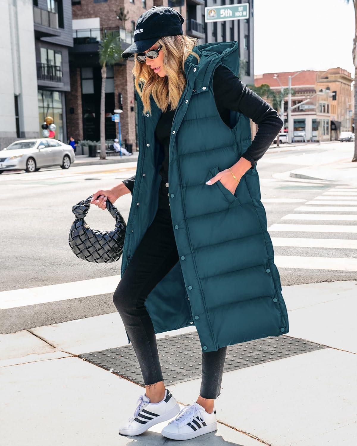 imageBTFBM Long Puffer Vest Women Quilted Hooded Button Down Zip Up Sleeveless Vests Outerwear Padded Jacket Fall Winter CoatGrey Blue