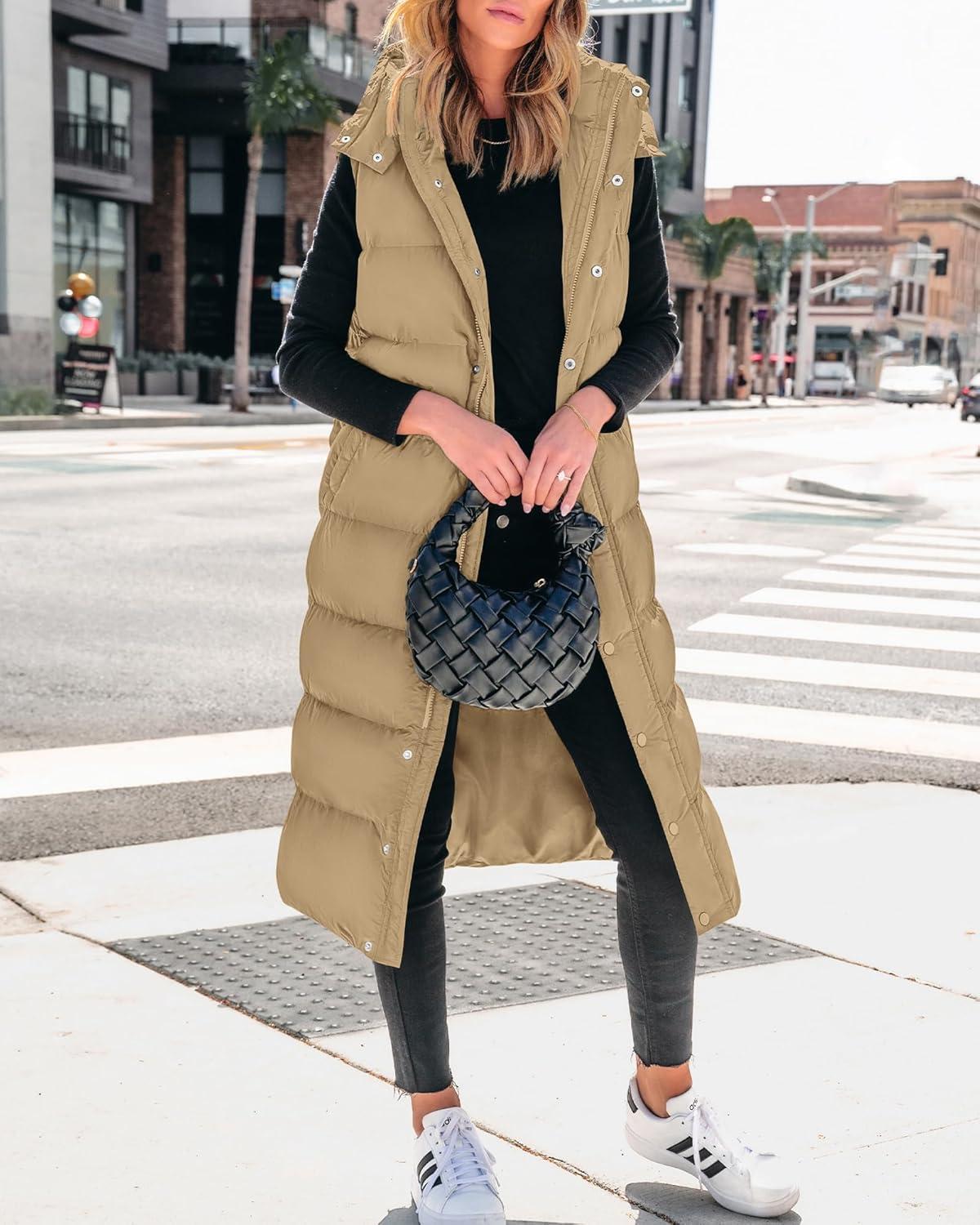 imageBTFBM Long Puffer Vest Women Quilted Hooded Button Down Zip Up Sleeveless Vests Outerwear Padded Jacket Fall Winter CoatKhaki
