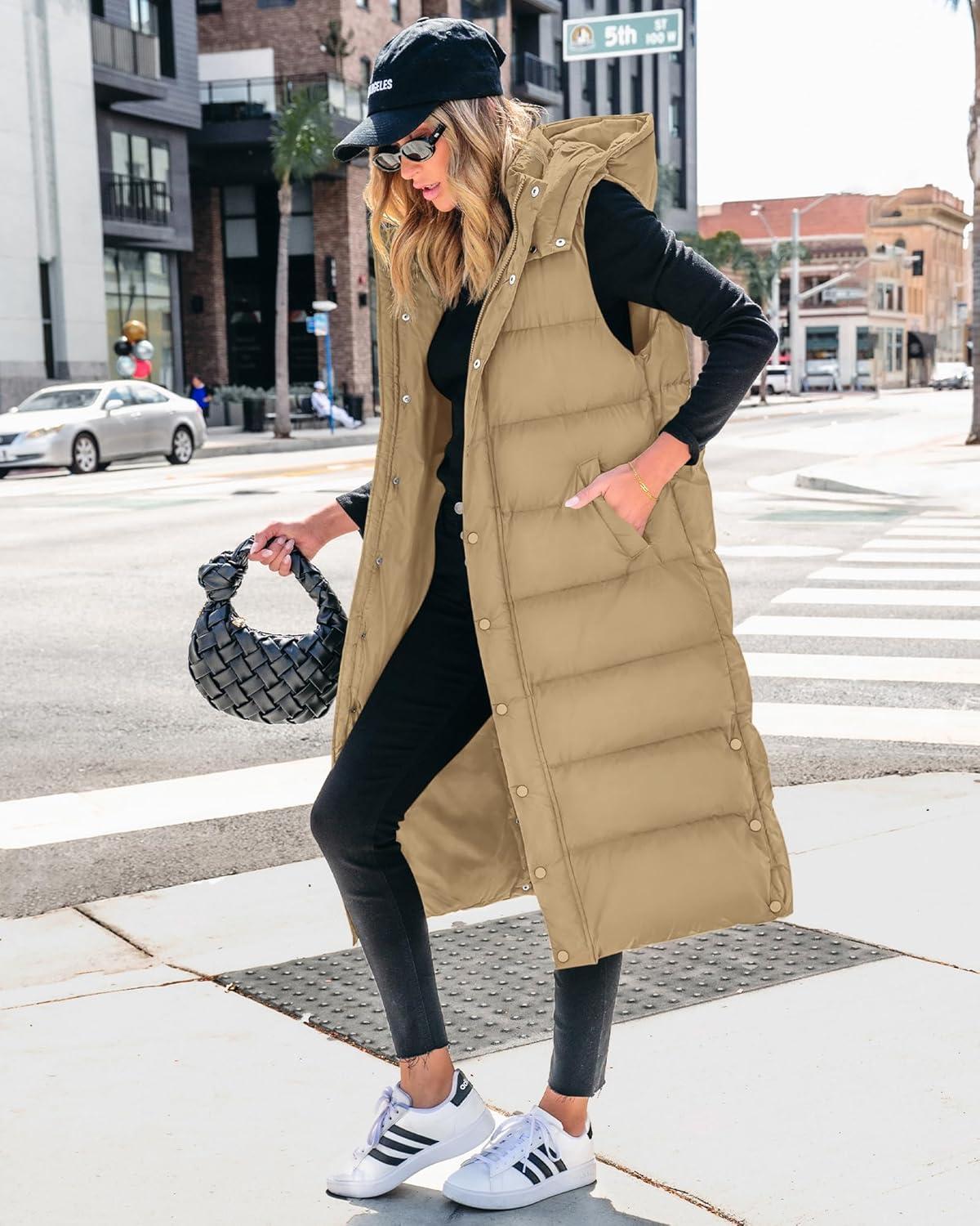 imageBTFBM Long Puffer Vest Women Quilted Hooded Button Down Zip Up Sleeveless Vests Outerwear Padded Jacket Fall Winter CoatKhaki