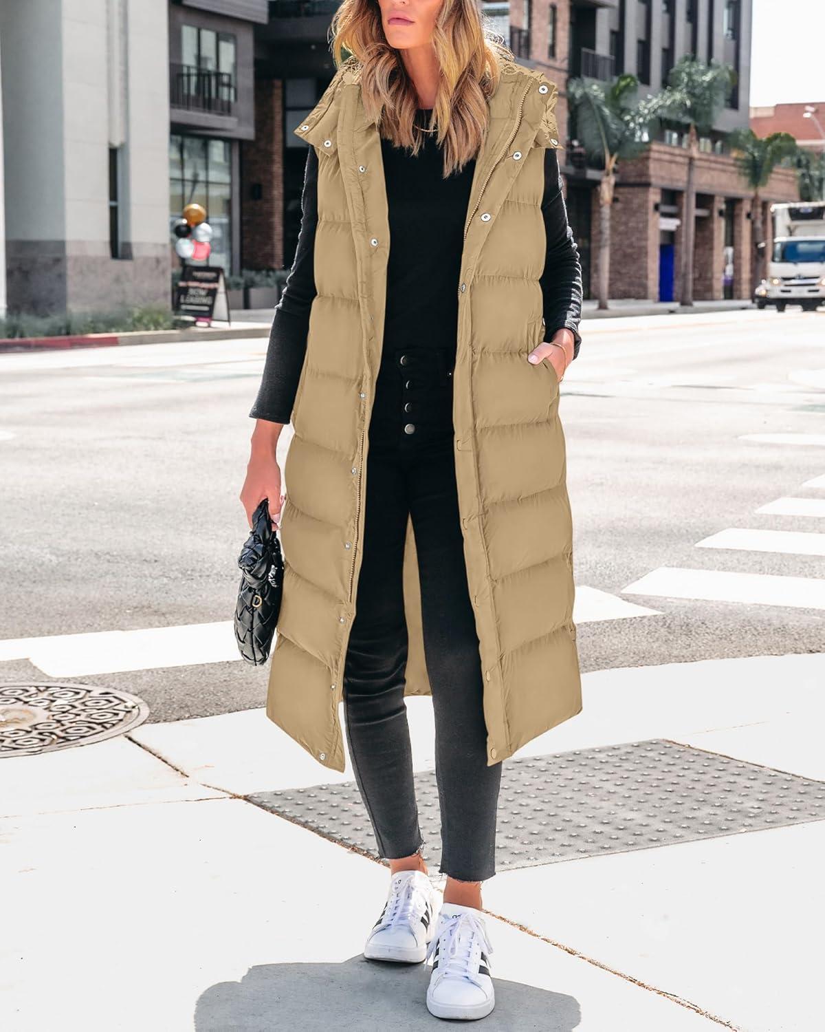 imageBTFBM Long Puffer Vest Women Quilted Hooded Button Down Zip Up Sleeveless Vests Outerwear Padded Jacket Fall Winter CoatKhaki