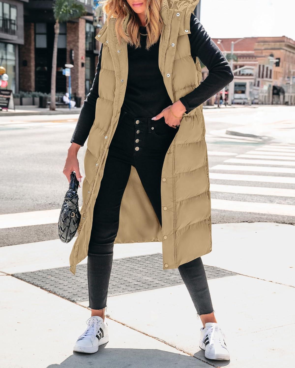imageBTFBM Long Puffer Vest Women Quilted Hooded Button Down Zip Up Sleeveless Vests Outerwear Padded Jacket Fall Winter CoatKhaki