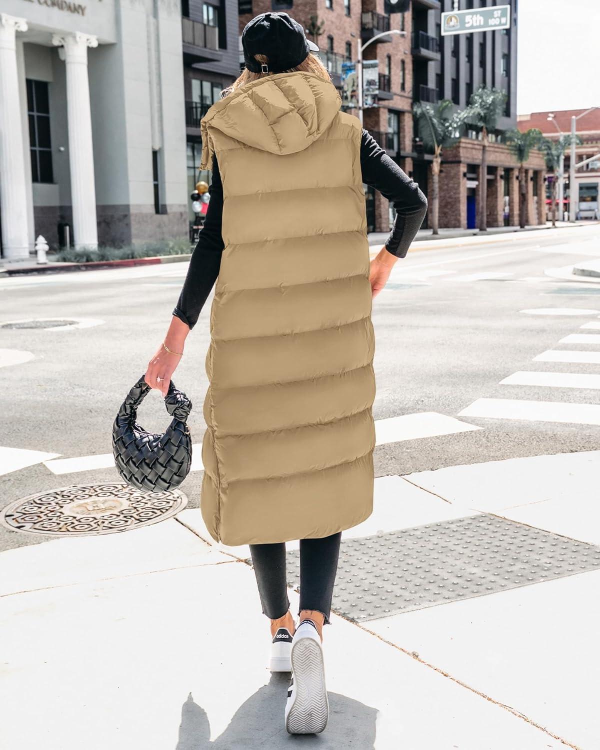 imageBTFBM Long Puffer Vest Women Quilted Hooded Button Down Zip Up Sleeveless Vests Outerwear Padded Jacket Fall Winter CoatKhaki