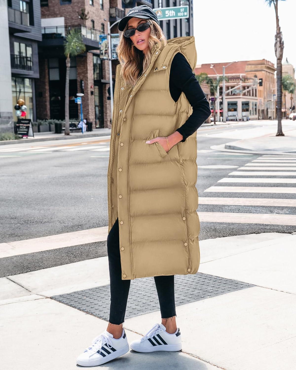 imageBTFBM Long Puffer Vest Women Quilted Hooded Button Down Zip Up Sleeveless Vests Outerwear Padded Jacket Fall Winter CoatKhaki