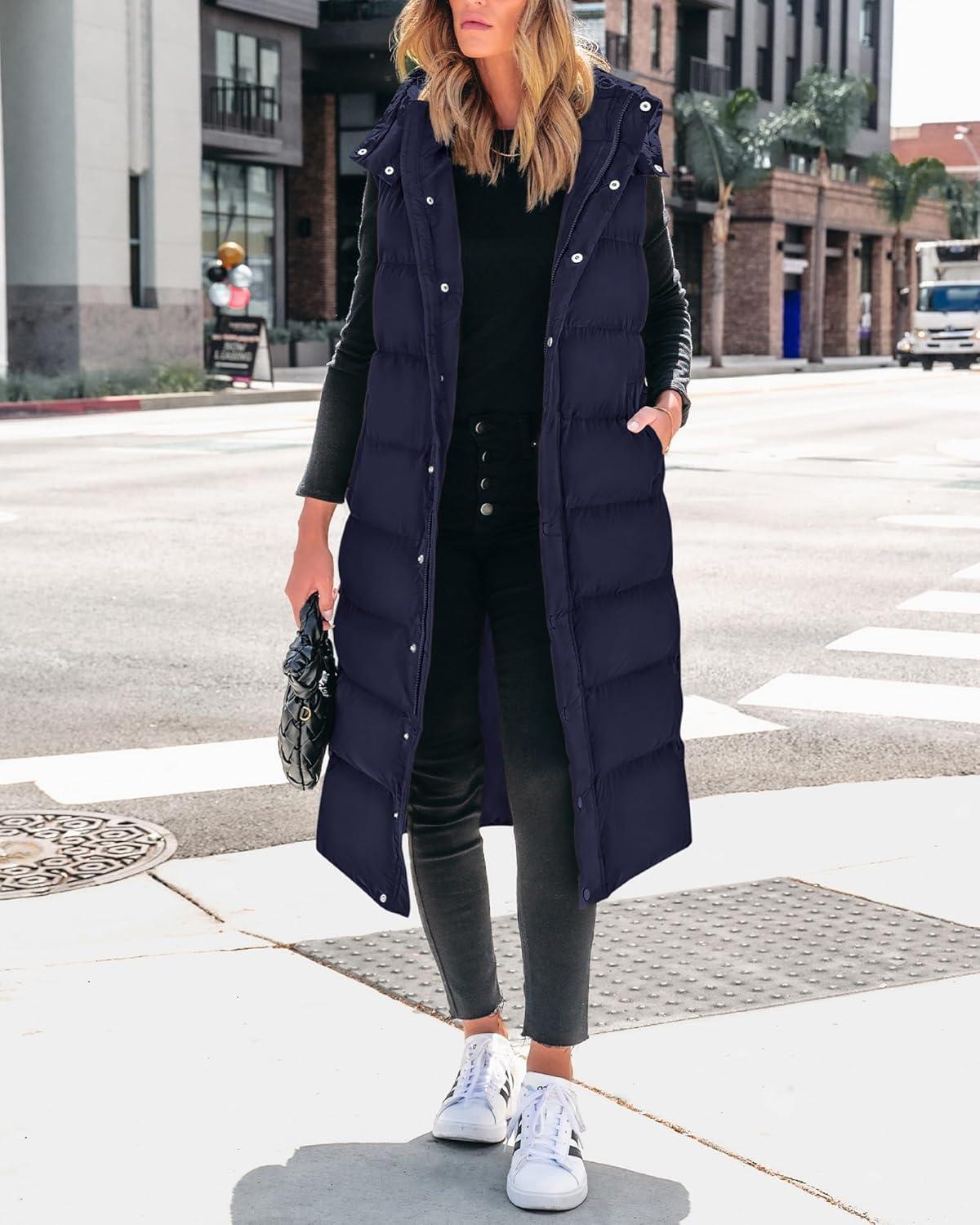 imageBTFBM Long Puffer Vest Women Quilted Hooded Button Down Zip Up Sleeveless Vests Outerwear Padded Jacket Fall Winter CoatNavy