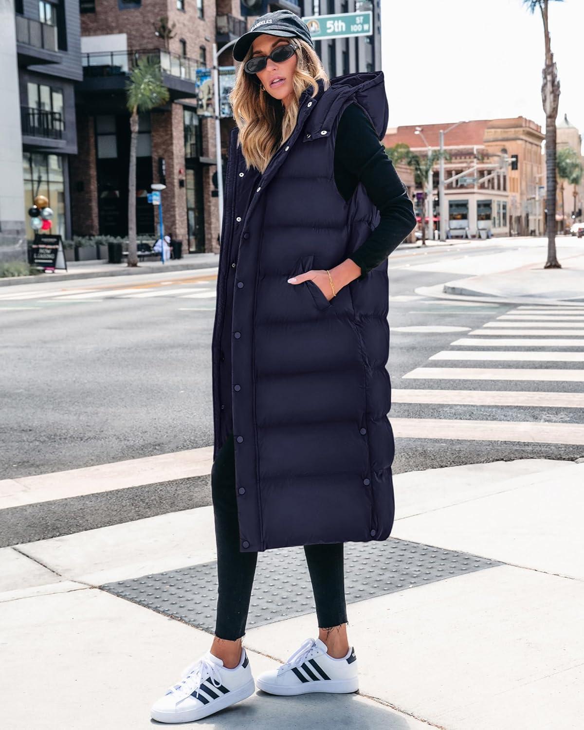 imageBTFBM Long Puffer Vest Women Quilted Hooded Button Down Zip Up Sleeveless Vests Outerwear Padded Jacket Fall Winter CoatNavy