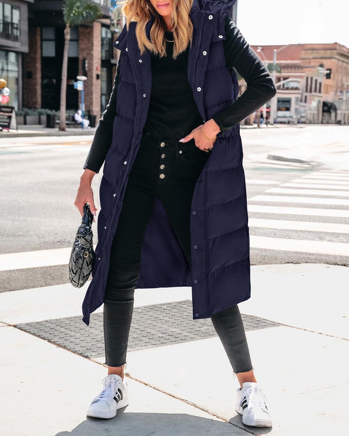 imageBTFBM Long Puffer Vest Women Quilted Hooded Button Down Zip Up Sleeveless Vests Outerwear Padded Jacket Fall Winter CoatNavy