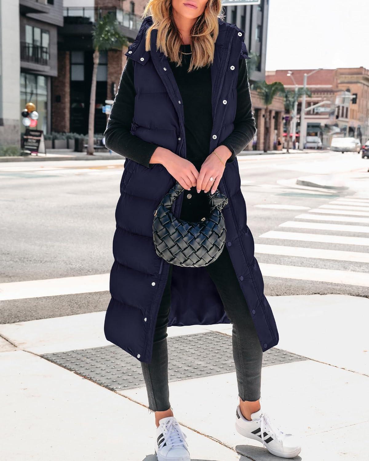 imageBTFBM Long Puffer Vest Women Quilted Hooded Button Down Zip Up Sleeveless Vests Outerwear Padded Jacket Fall Winter CoatNavy