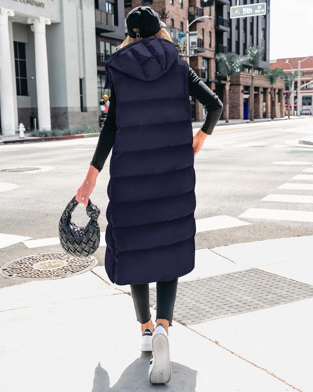 imageBTFBM Long Puffer Vest Women Quilted Hooded Button Down Zip Up Sleeveless Vests Outerwear Padded Jacket Fall Winter CoatNavy