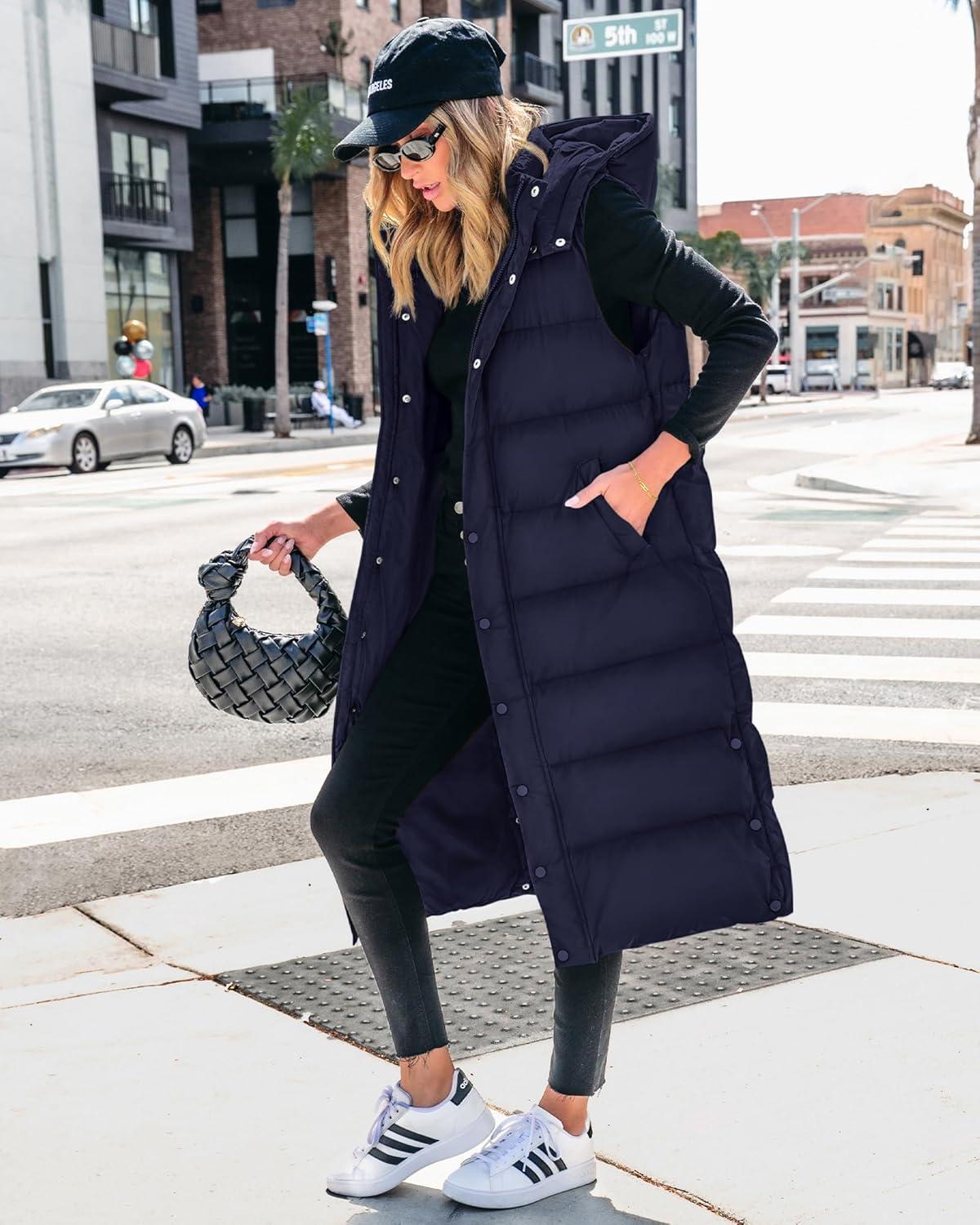 imageBTFBM Long Puffer Vest Women Quilted Hooded Button Down Zip Up Sleeveless Vests Outerwear Padded Jacket Fall Winter CoatNavy