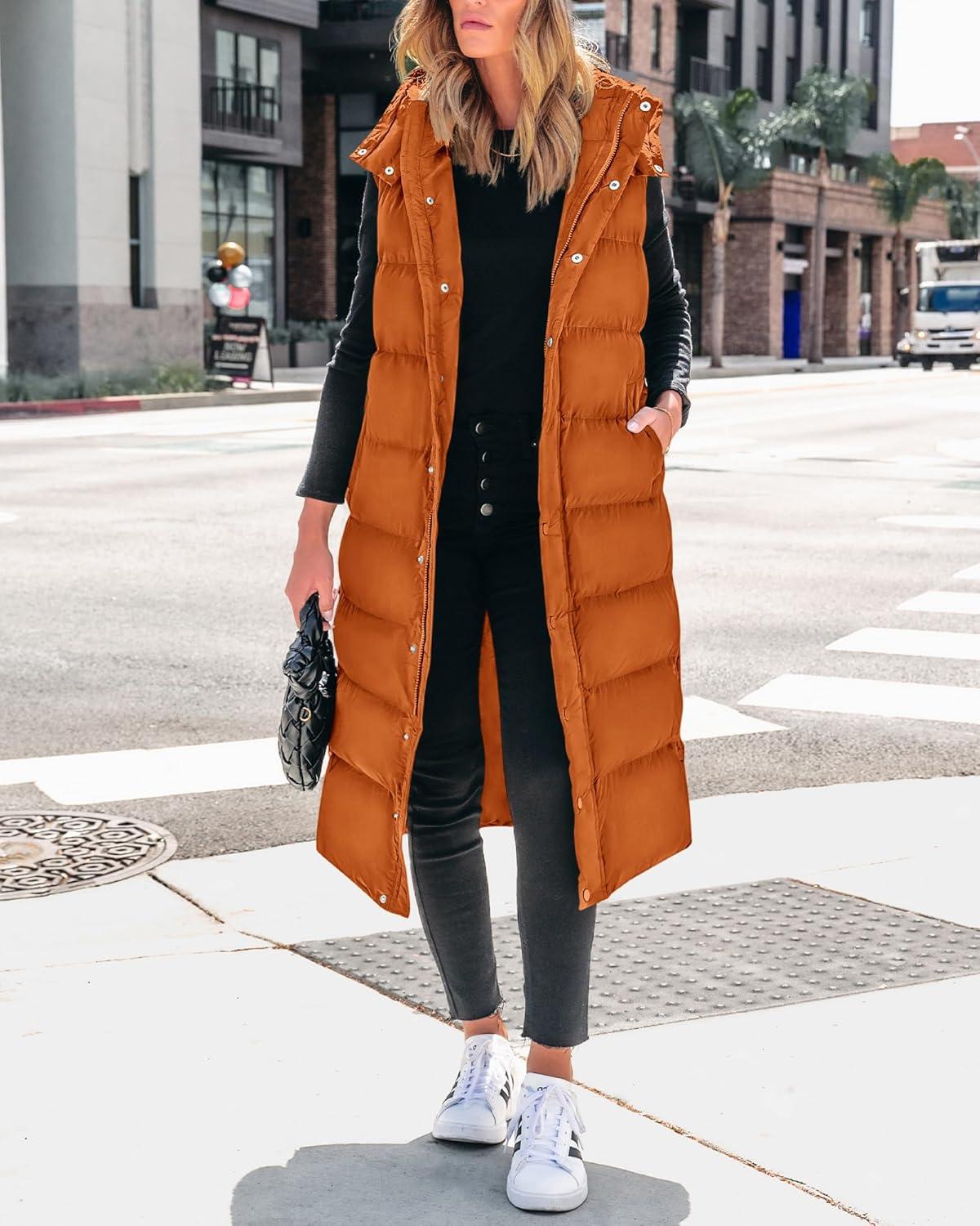 imageBTFBM Long Puffer Vest Women Quilted Hooded Button Down Zip Up Sleeveless Vests Outerwear Padded Jacket Fall Winter CoatOrange